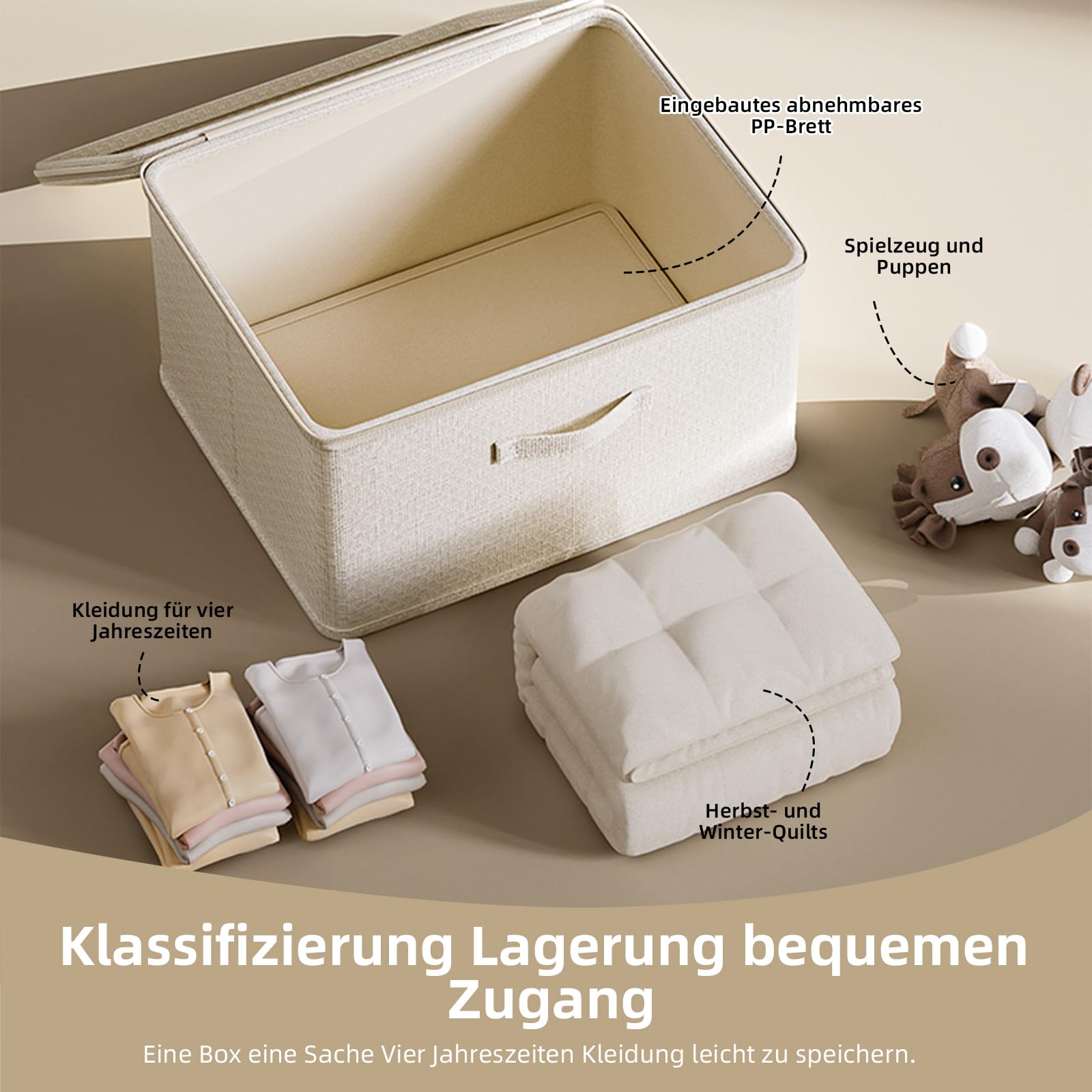 ACESOME Zamykane pudełko z 4 kluczami, pudełko do przechowywania z materiału, zamykane pudełko, pudełko z zamkiem, składane pudełko organizujące na ubrania, zabawki (beżowe, 38 x 25,5 x 16 cm)
