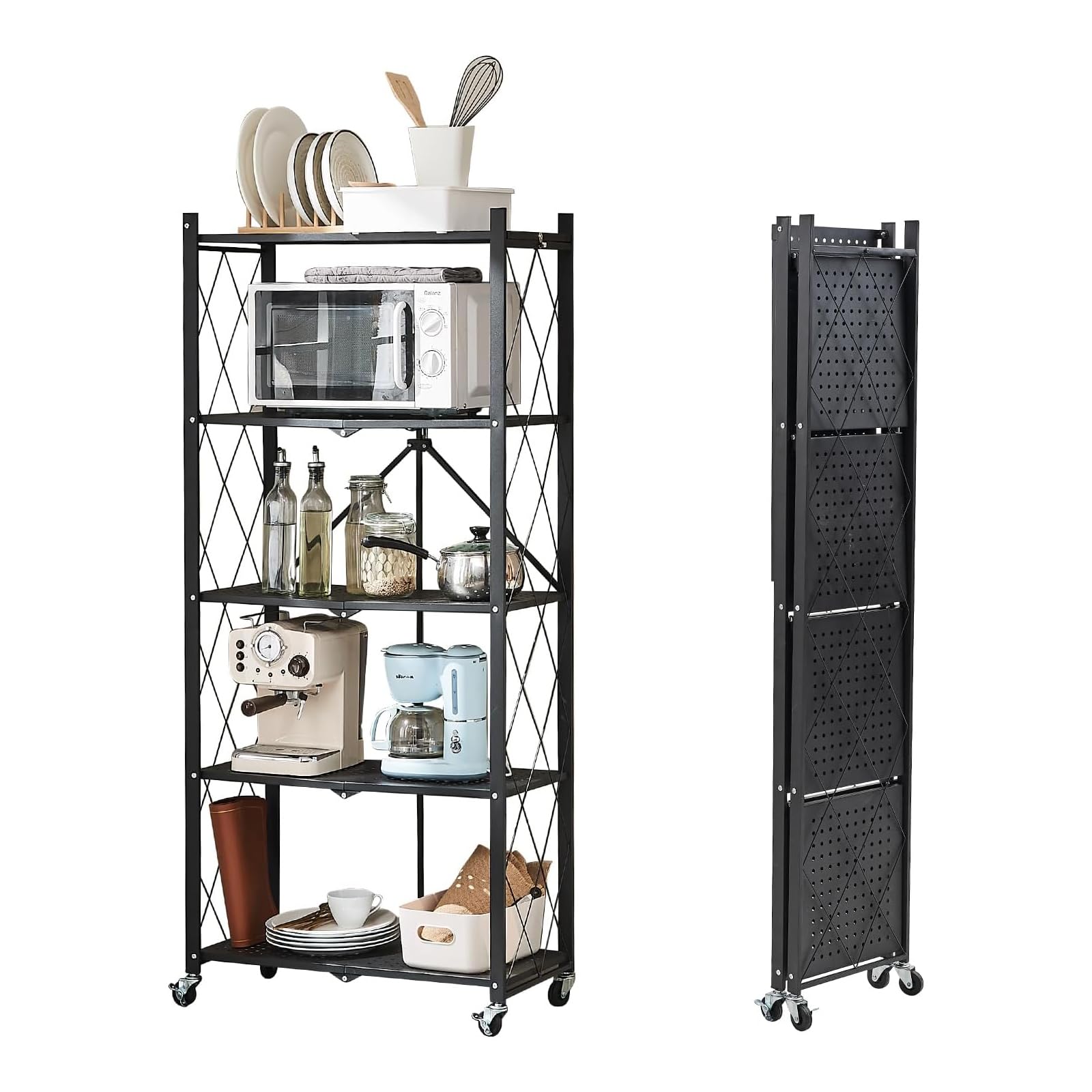 スチールラック棚折りたたみ折り畳みキャスター付き幅70cm５段黒ブラック 4段 スチールラック 折りたたみ式 オープンラック 約幅705×奥行