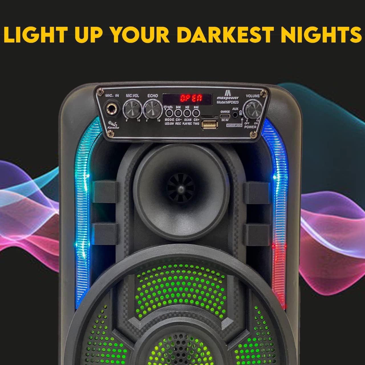Max Power Portable Speaker MPD823 with vibrant blue and red LED lights illuminated, text overlay 'LIGHT UP YOUR DARKEST NIGHTS'