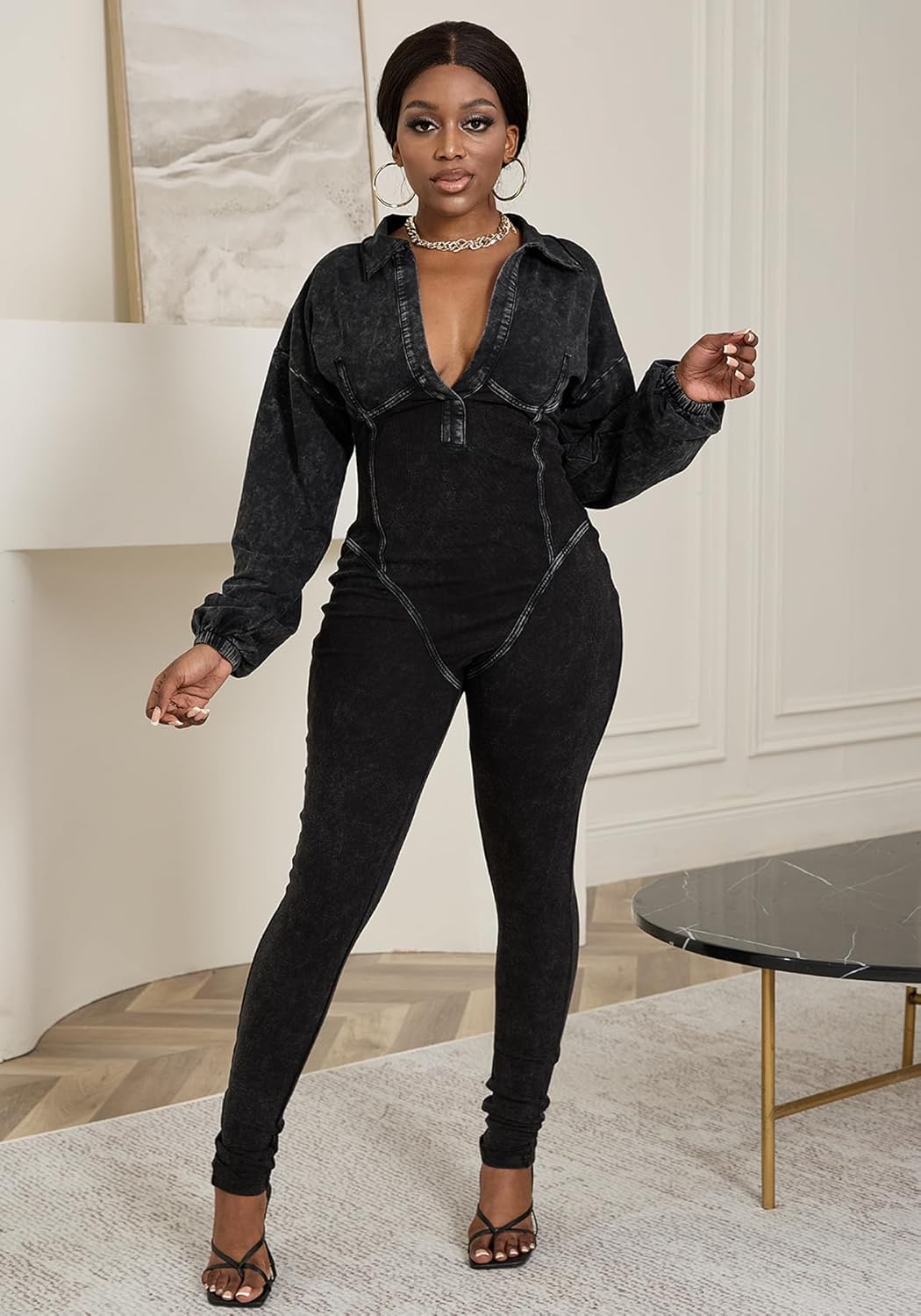 Womens Distressed Long Sleeve Jumpsuits Sexy Ribbed Patchwork Bodycon Long Rompers Casual One Piece Outfits - Image 5