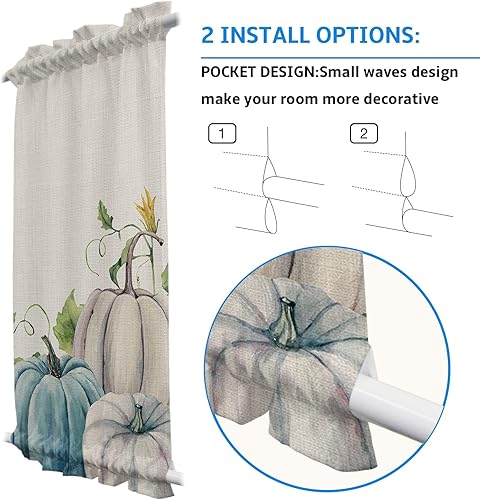 Miniatura 4 de JasmineM Cortinas de puerta de calabaza otoñal para privacidad, cortinas florales blancas y azules para puerta francesa con alzapaños, cortinas de