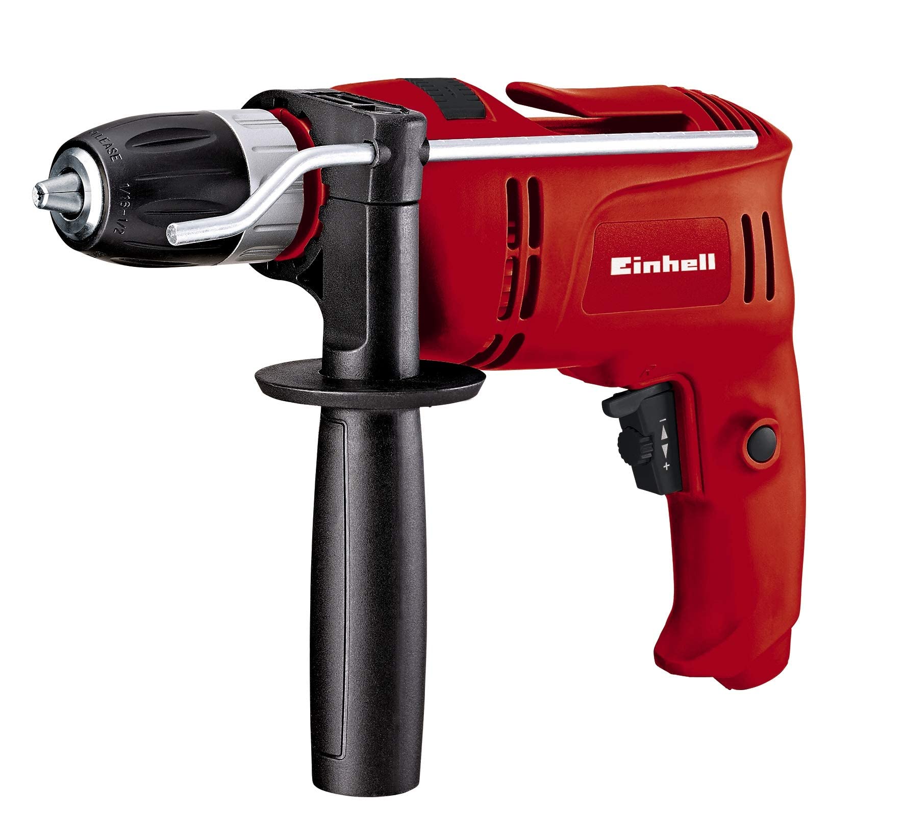 Einhell Taladro percutor atornillador eléctrico con cable - TC-ID 650 E - con guía para espigar kwb - 650 W, 240 V, 2600 RPM, 2 funciones: perforación y taladro de percusión. Control de velocidad.