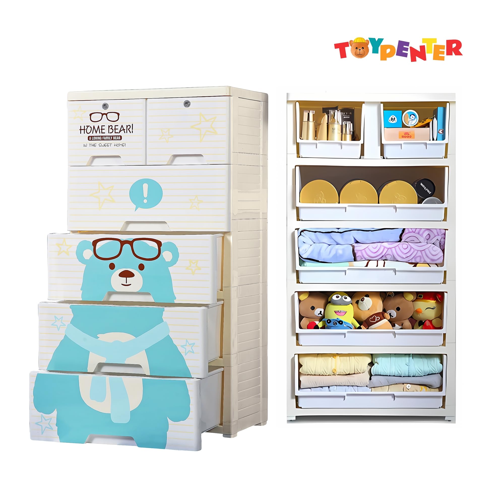 TOYPENTER 5 Layers High Density Plastic Storage Cabinate With Wheels I Collapsible Kids Clothing Wardrobe | Portable Waterproof Multipurpose Storage/Adjustable 6 Drawers Almirah for Babies (Home Bear) 1