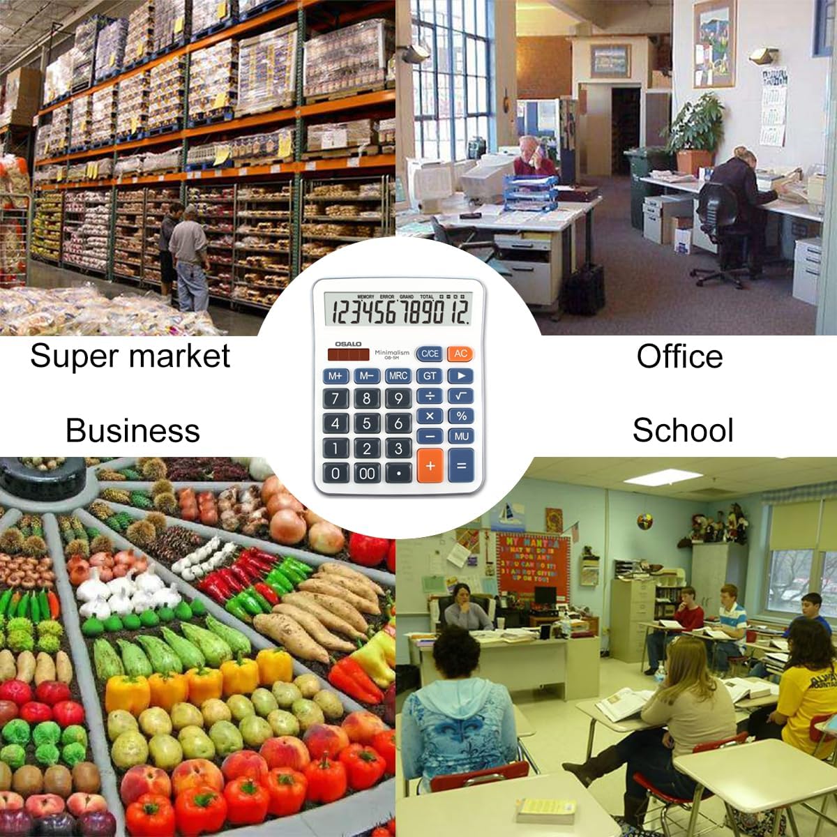 OSALO OS-5M Calculator in various settings: supermarket, office, business, school