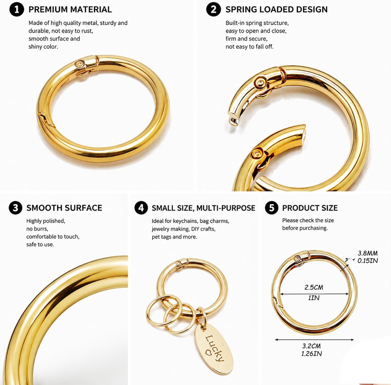20 Pack Gold Spring O Rings, 3.2CM Heavy Duty Zinc Alloy Round Spring Clasps, Multi-Purpose Keychain Rings for Keys, Crafts, Luggage Tags image 2