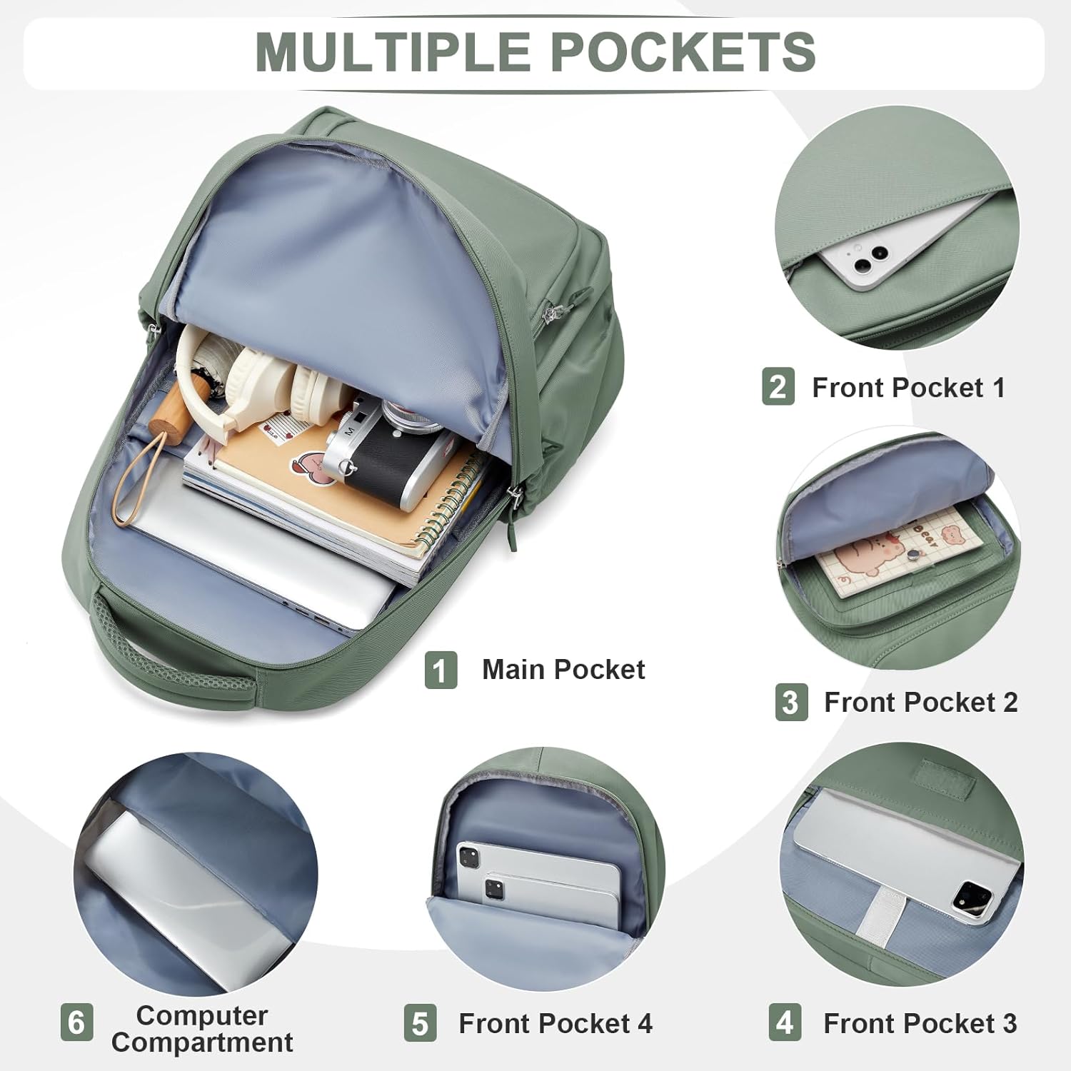 Cute School Backpack for Teens Girls Boys Waterproof School Bag Basic Backpack for College Students Multi Pocket Backpack Lightweight Casual Daypack Backpacks for Women Men(Green) - Image 3