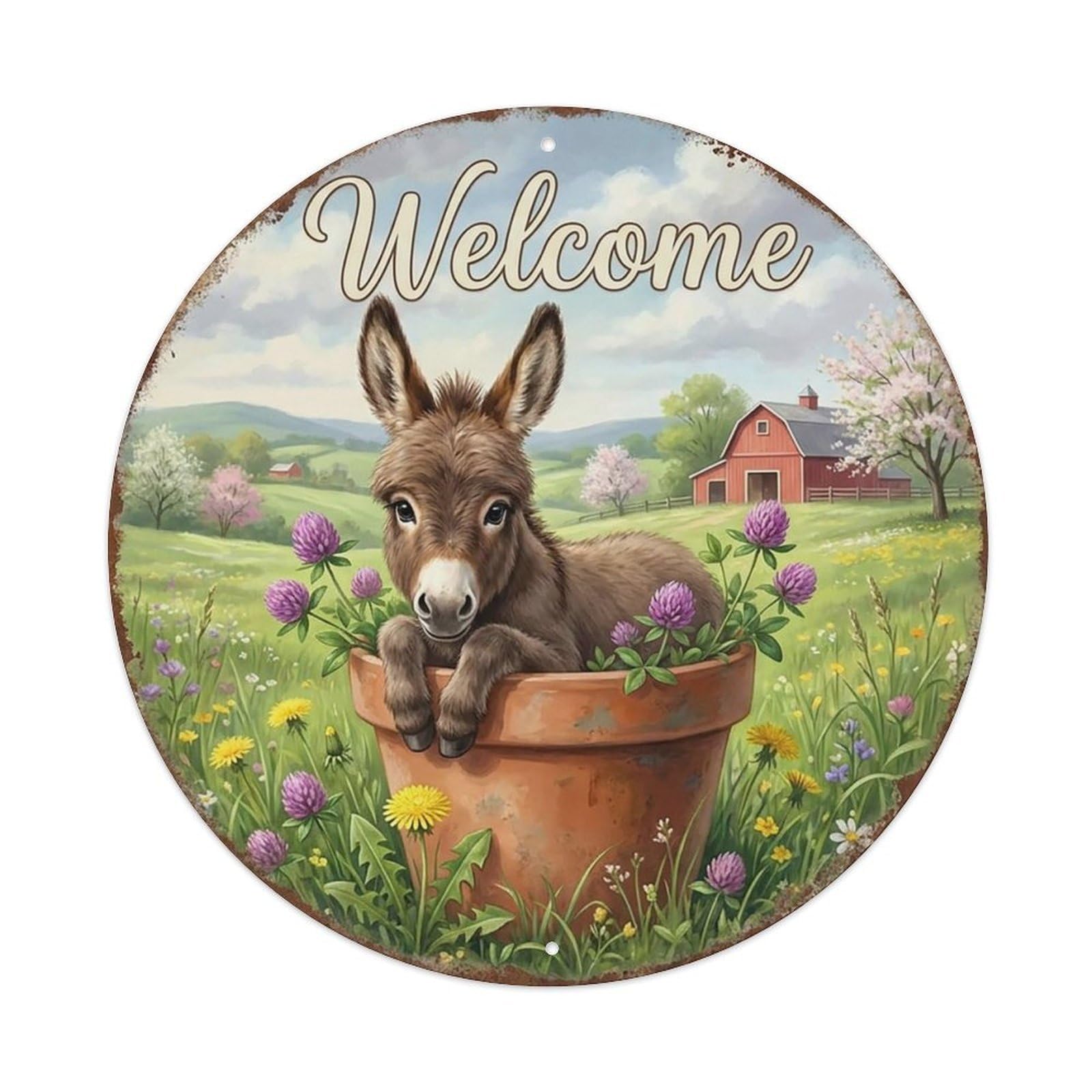 Vintage Welcome Donkey Meadow Clover Vintage Metal Tin Sign Plaque Wall Decor for Cafe, Club Bar, Office, Garden Metal Poster 8x8Inch