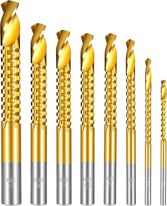8 Pack Titanium Coated HSS Twist Drill Bits 3-10mm Hex Shank Serrated Cutting Drill Bit Serrated Side Cutting Drills Bit for Metal Wood Plastic Drilling and Cuttings