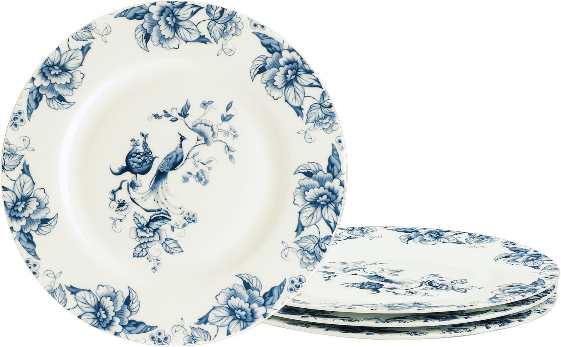 fanquare 8" Bone China Dessert Plates Set of 4, European Blue Floral Pasta Bowls Set, Porcelain Salad Plates for Soup, Microwavable Plates