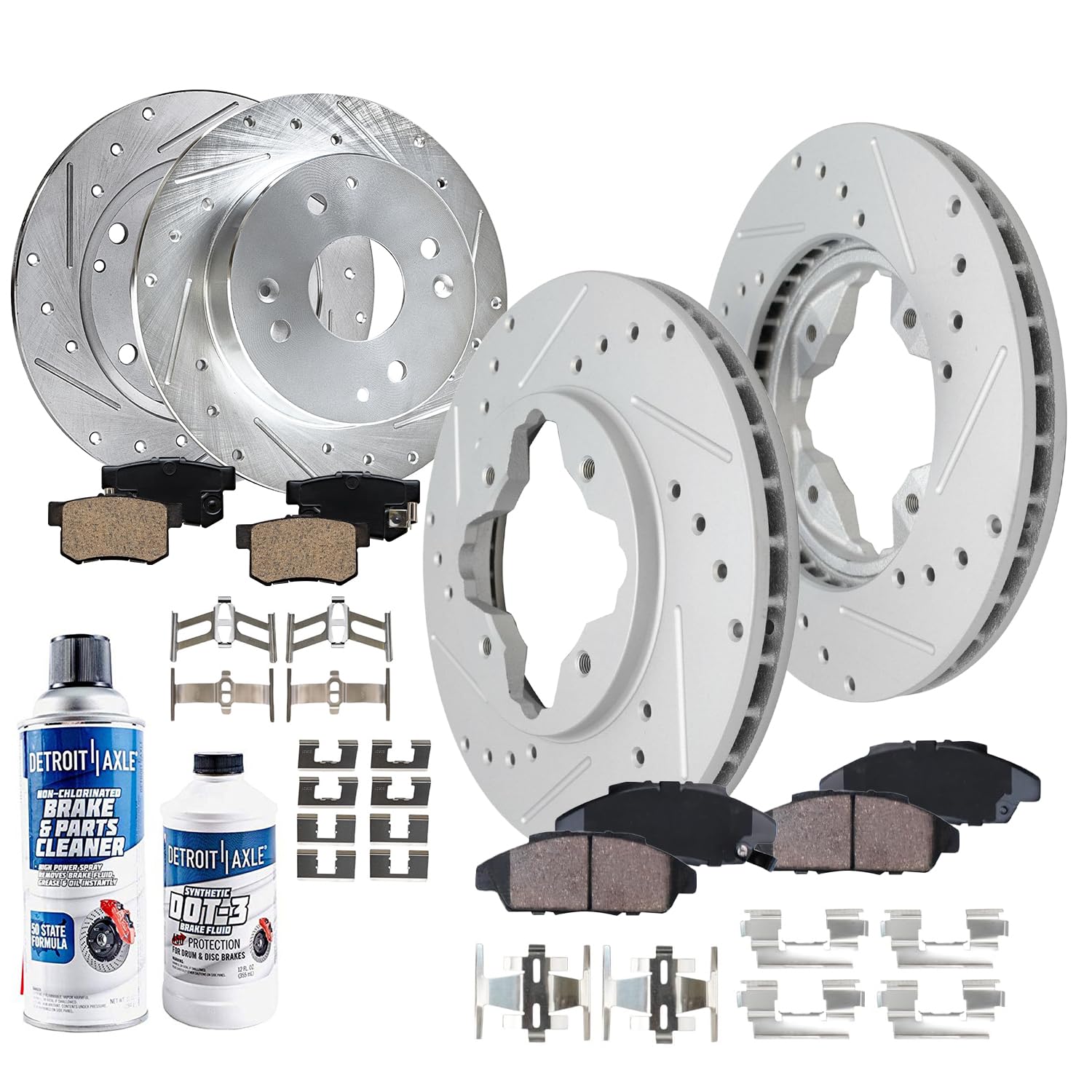 Detroit Axle - Front Rear Drilled &amp; Slotted Brake Rotors Ceramic Pads | w/Hardware Brake Cleaner Fluid Replacement for 1991-1993 Honda Accord - 10pc