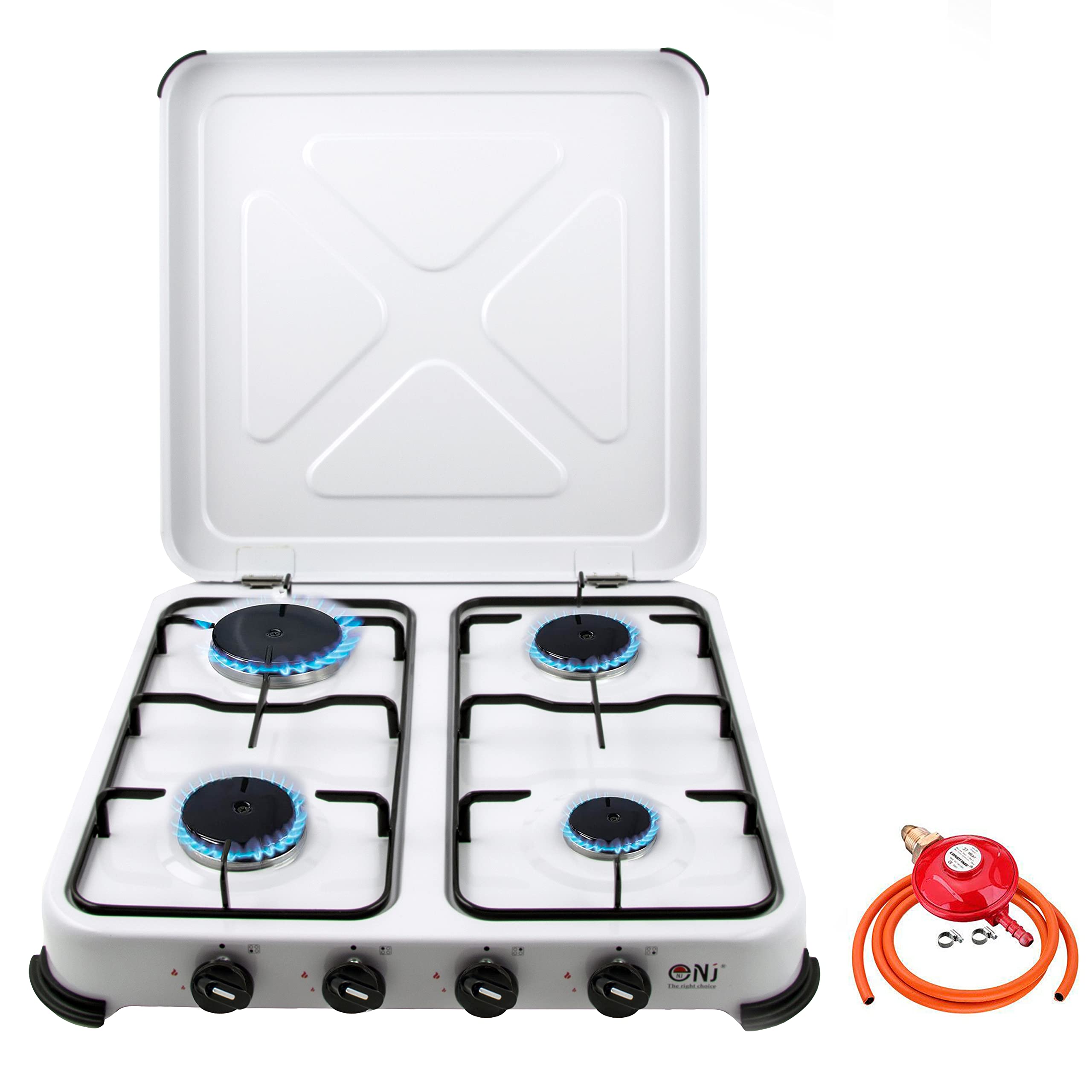 NJ-04 Camping Gas Stove - Portable 4 Burner Gas Cooker LPG Hob with Lid for Outdoor Garden Caravan 5.45 kW (Propane 37mbar Screw-on)