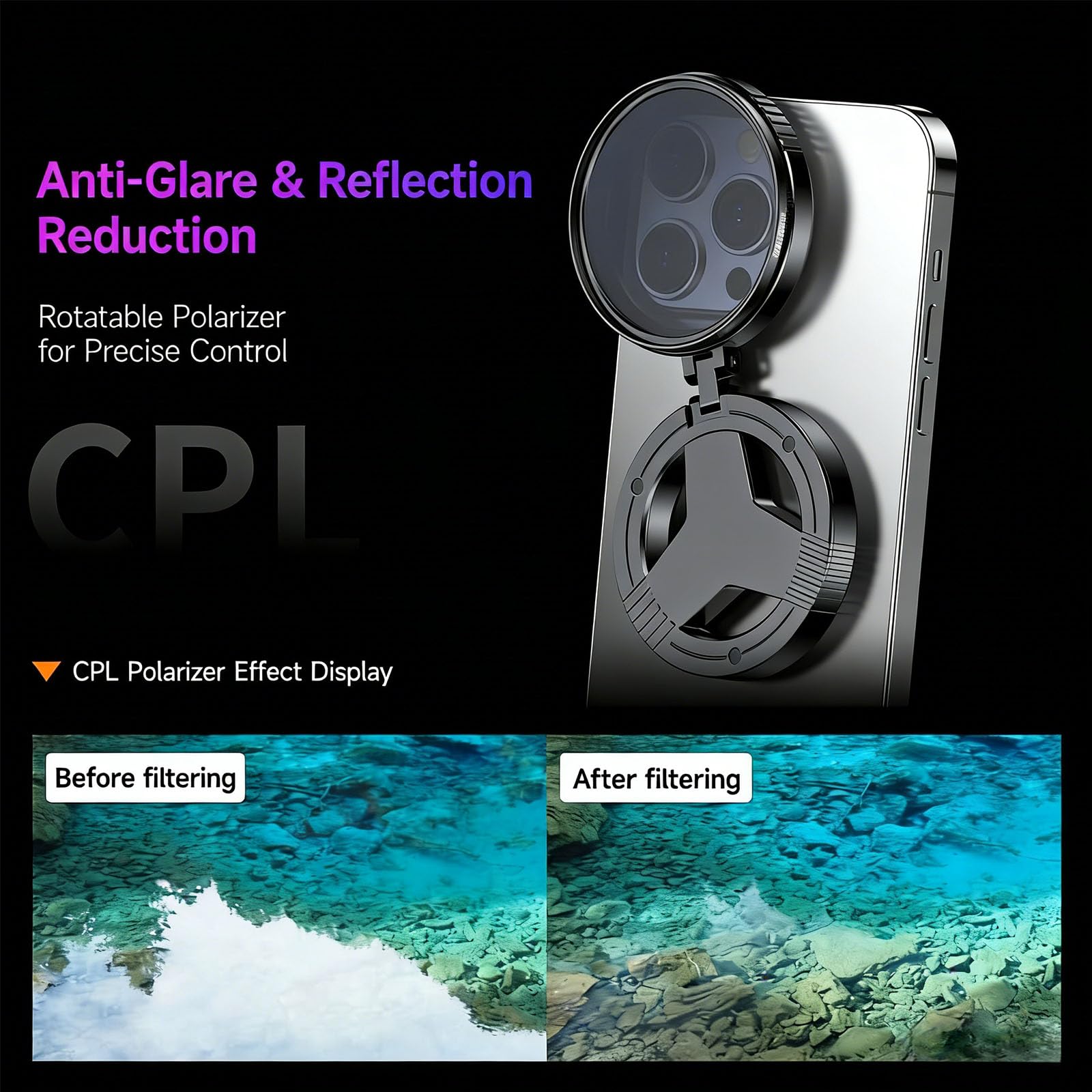 Anti-Glare Magnetic Phone Filter, 52mm Polarizing Lens Filter, Magnetic Adapter Mount for Smartphone Photography (1 PCS)