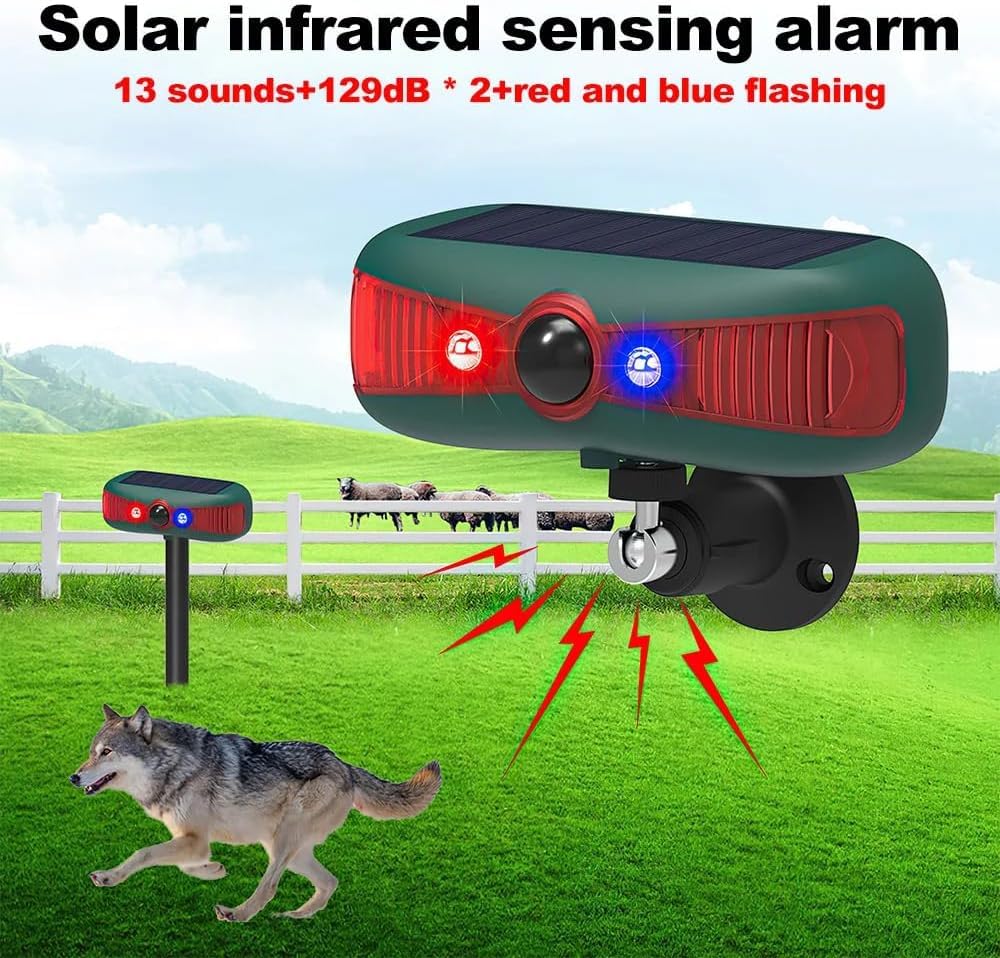 Alarma solar sensor de movimiento al aire libre, altavoz dual de 129 dB, sistema de alarma de seguridad de sonido 13 impermeable, luz estroboscópica de advertencia, casa granja huerta granero