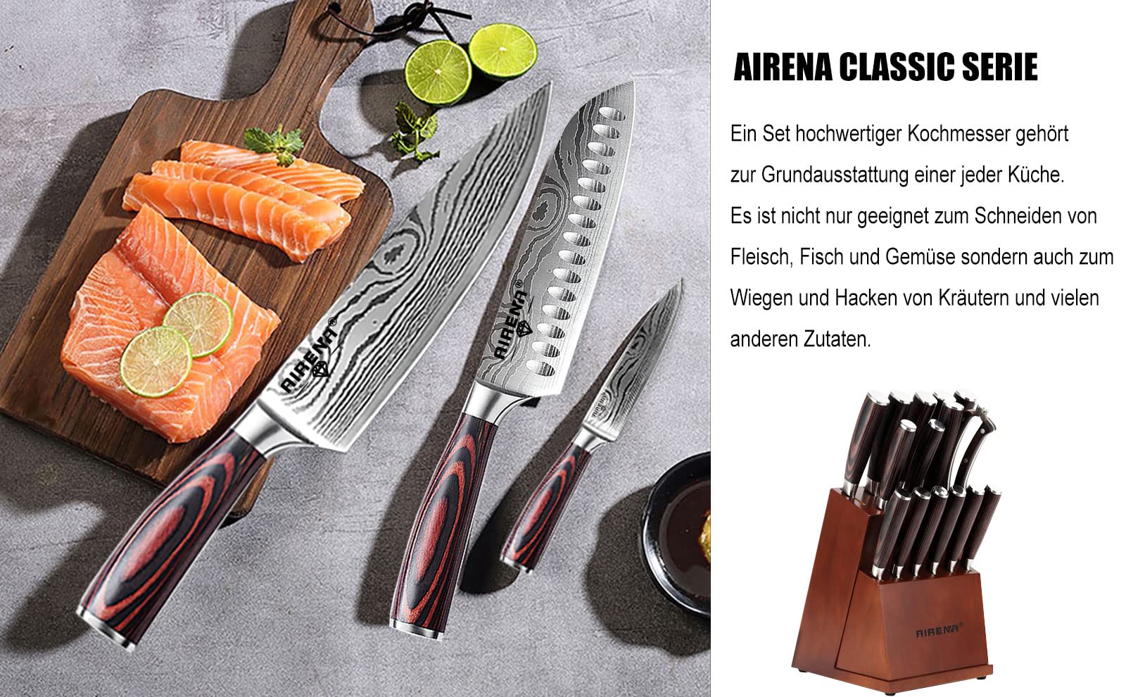 Küchenmesser Set,3-tlg Messerset aus hochwertigem Carbon Edelstahl, Profi Messer set mit 8" Kochmesser / 7" Japanisches Stil Messer/ 5" Allzweckmesser - Damastmuster Klinge und Holzgriff