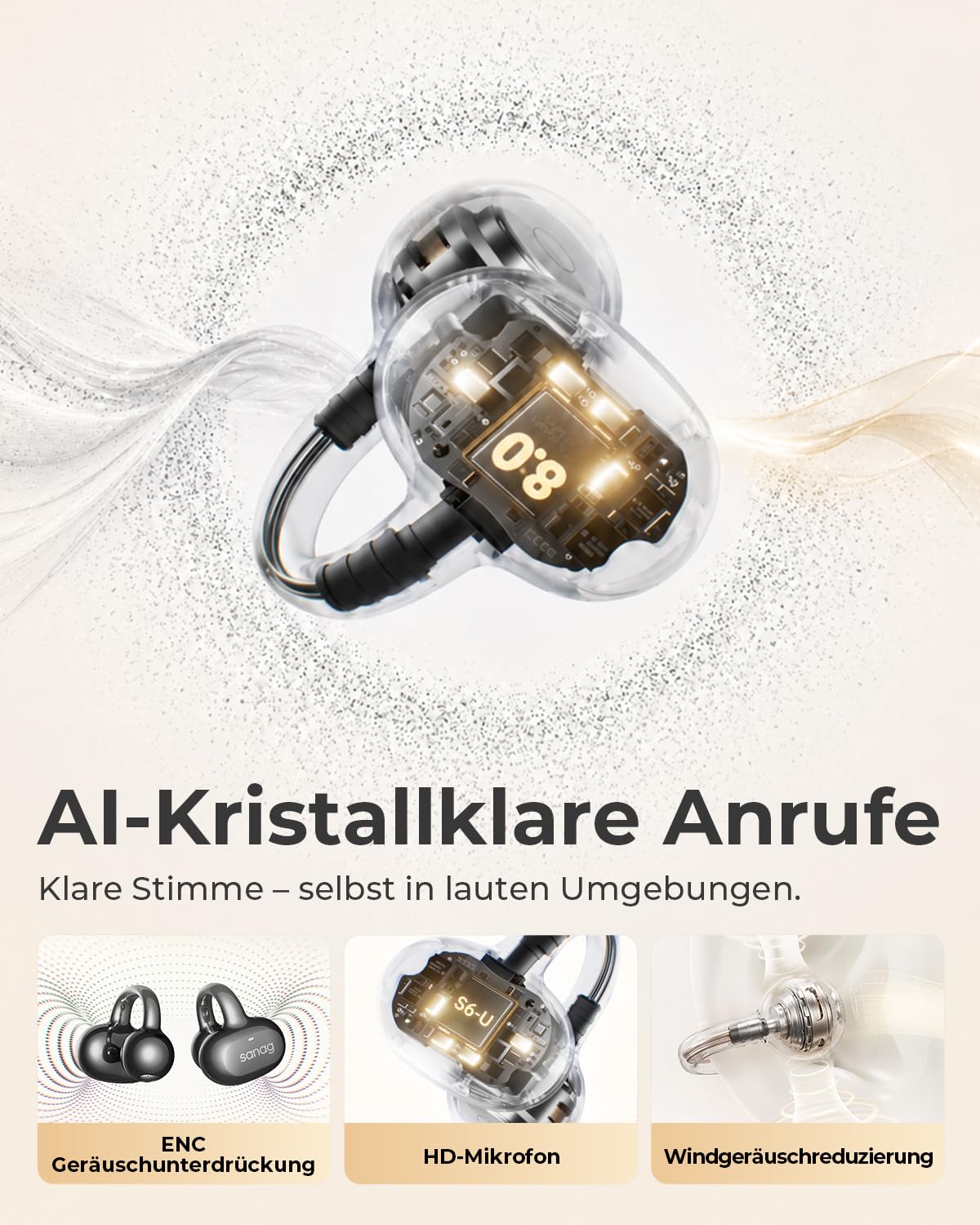 SANAG Open Ear Kopfhörer, Clip on Kopfhörer, Bluetooth 6.0, 42H Spielzeit, IP67 Wasserdicht, ENC Geräuschunterdrückung für Anrufe, Sicherer Halt für Laufen, Radfahren & Wandern