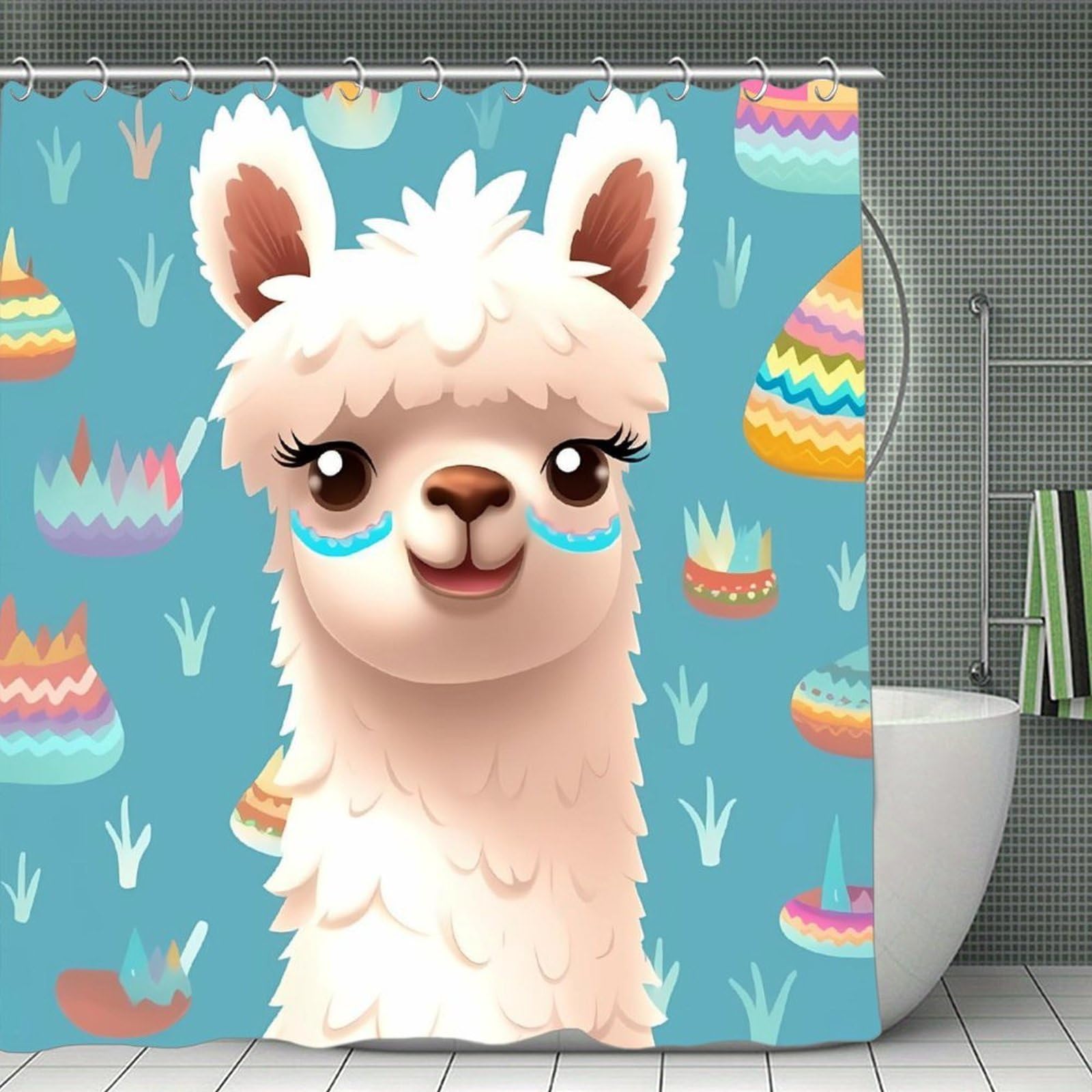QMNLKH Alpaca Patterm Shower Curtain with Hooks, Waterproof Bath Curtains for Bathroom, Lightweight Bath Curtains Liner for Hotel, Personalized Bath Curtain for Spa, 70.8 Inch