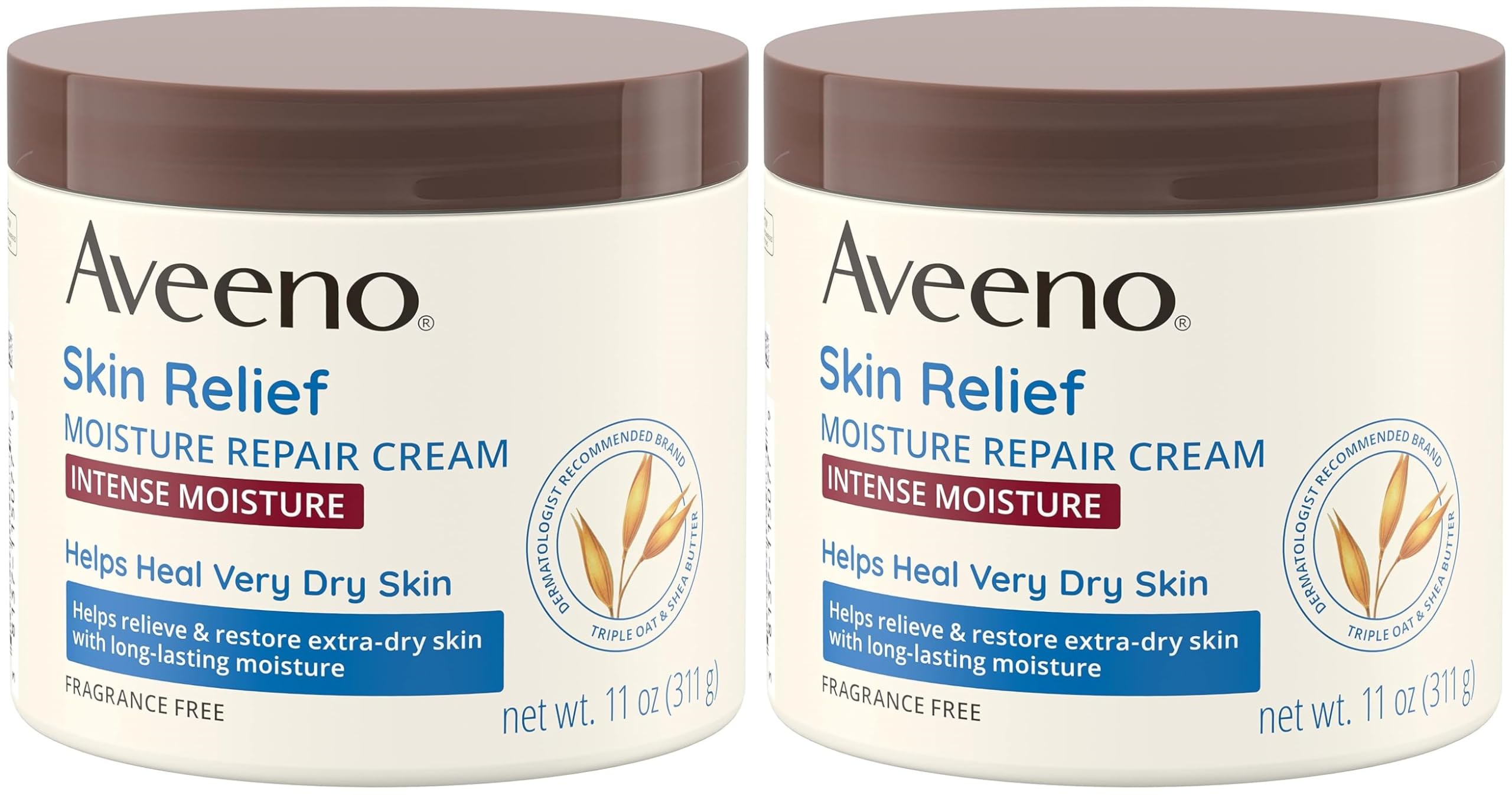 Aveeno Skin Relief Intense Moisture Repair Body Cream with Triple Oat & Shea Butter Formula, Helps Relieve & Restore Extra-Dry Skin with Long-Lasting Moisture, Fragrance-Free, 11 oz- Pack of 2