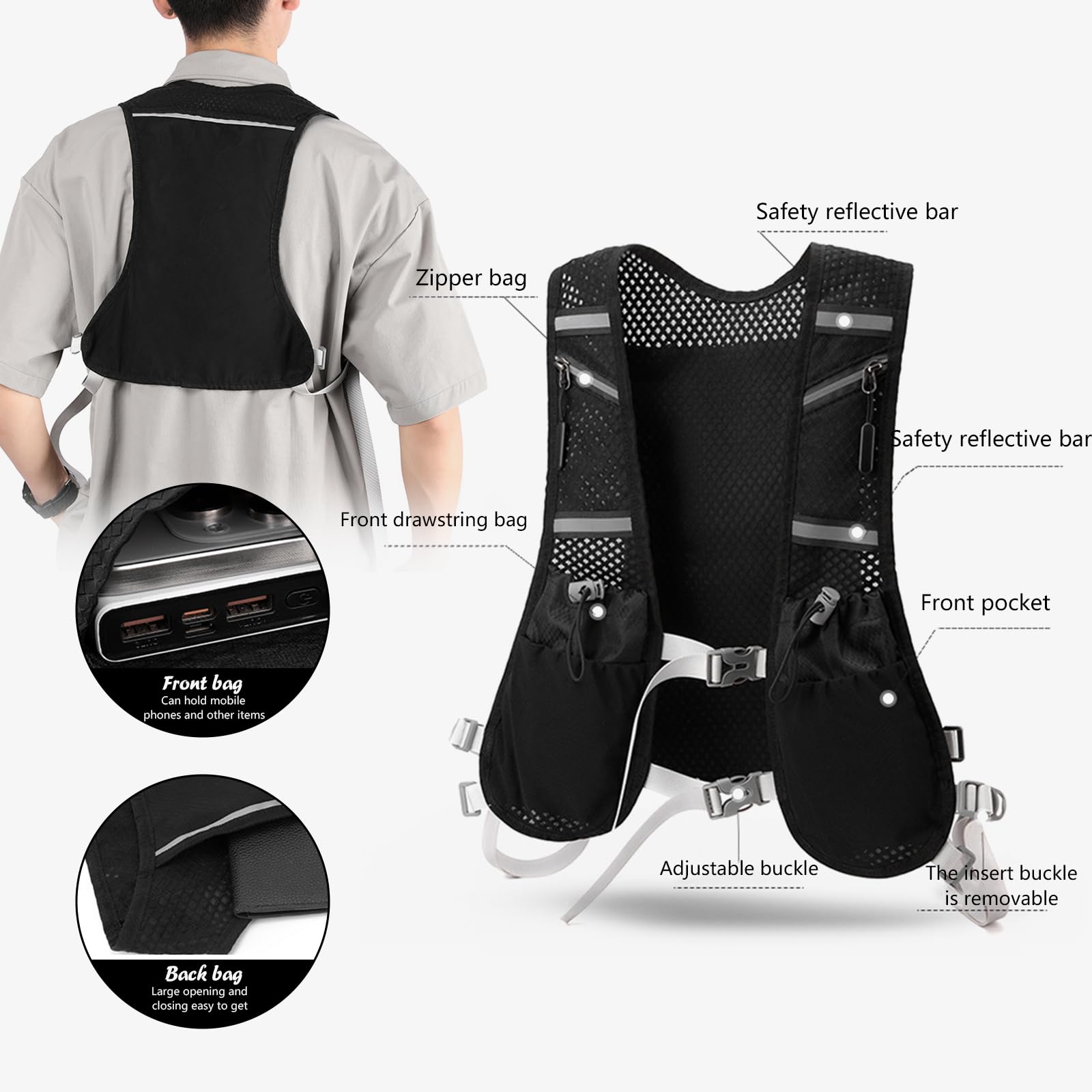 Laufweste mit 2 Soft Flasks 480ml, Verstellbar, Reflektierend, Atmungsaktiv, für Damen und Herren, Mehrere Taschen, für Marathon, Jogging, Radfahren