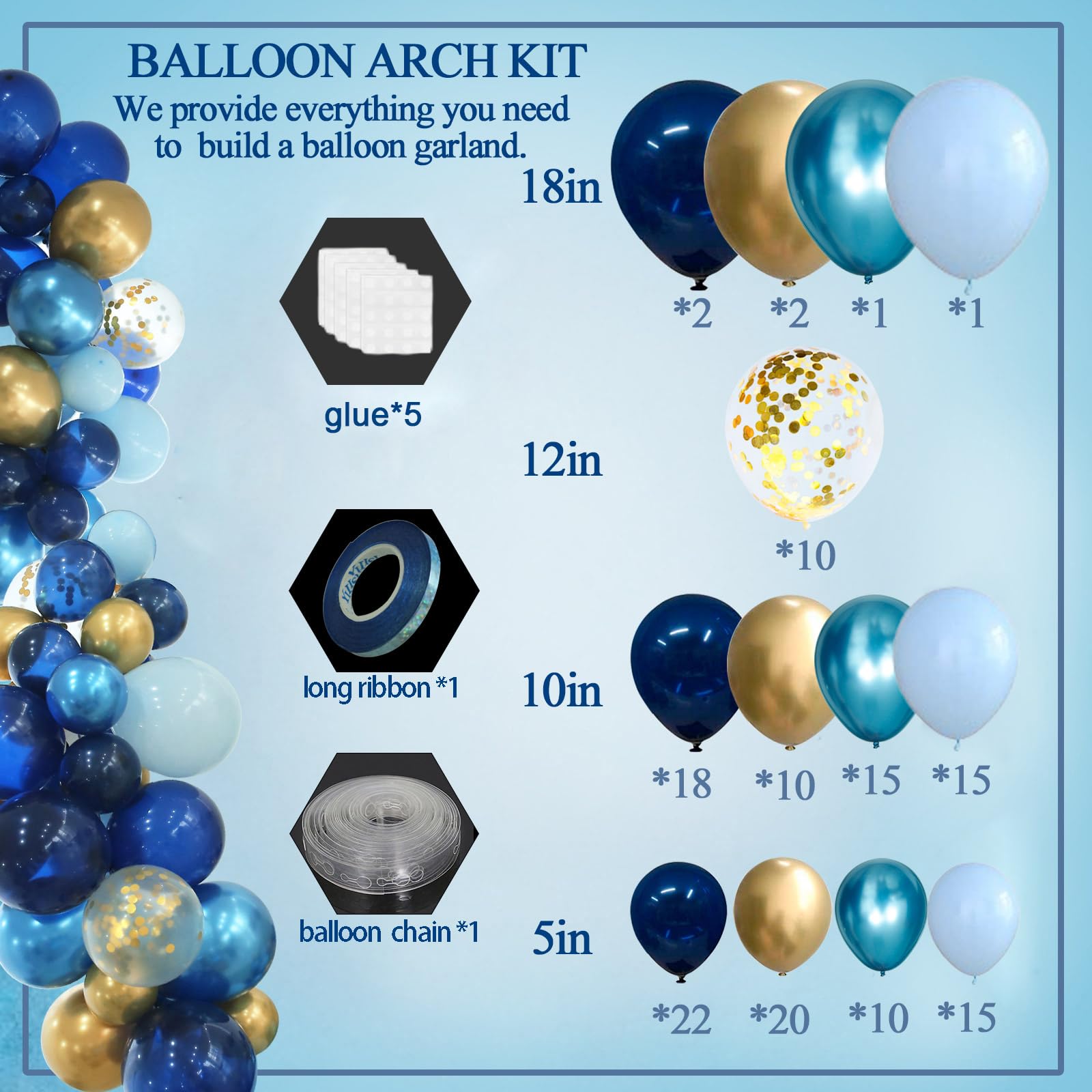 INFLORAL Birthday Party Blue Balloon Arch Kit Navy Metallic Pastel Blue and Gold Balloon Garland Kit for2025 Graduation Party Decorations Father's Day Baby Shower Wedding