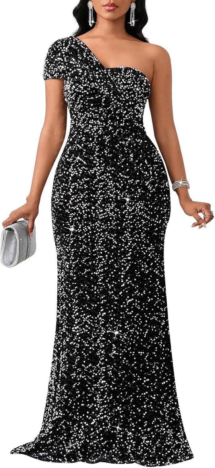 Cololura Women Sexy Sequin One Shoulder Mermaid Formal Party Cocktail Gowns Bodycon Evening Maxi Dress