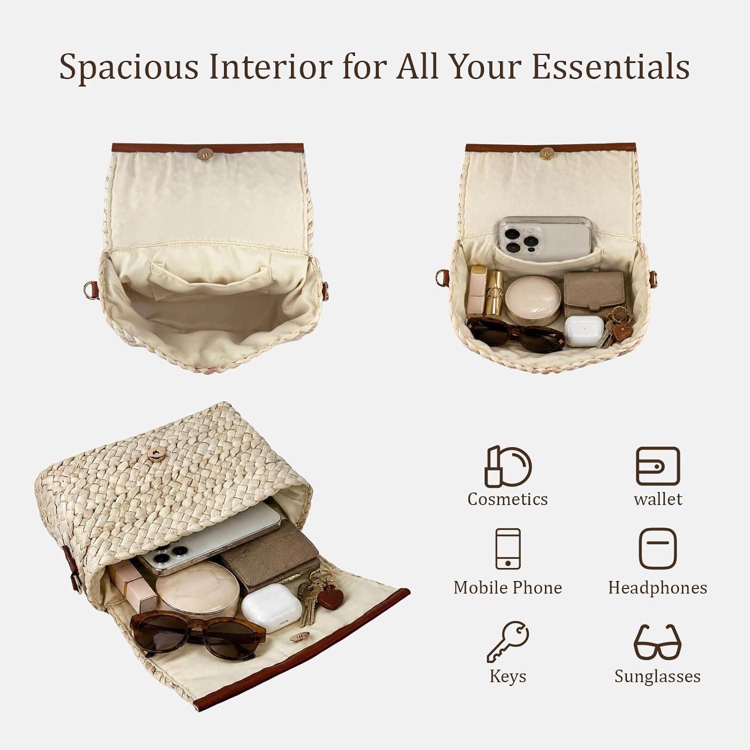 Straw Crossbody Bags for Women, Handwoven Straw Purse with Detachable Shoulder Strap, Summer Woven Clutch Bag with Magnetic Snap Closure, Ideal for Beach & Daily Use