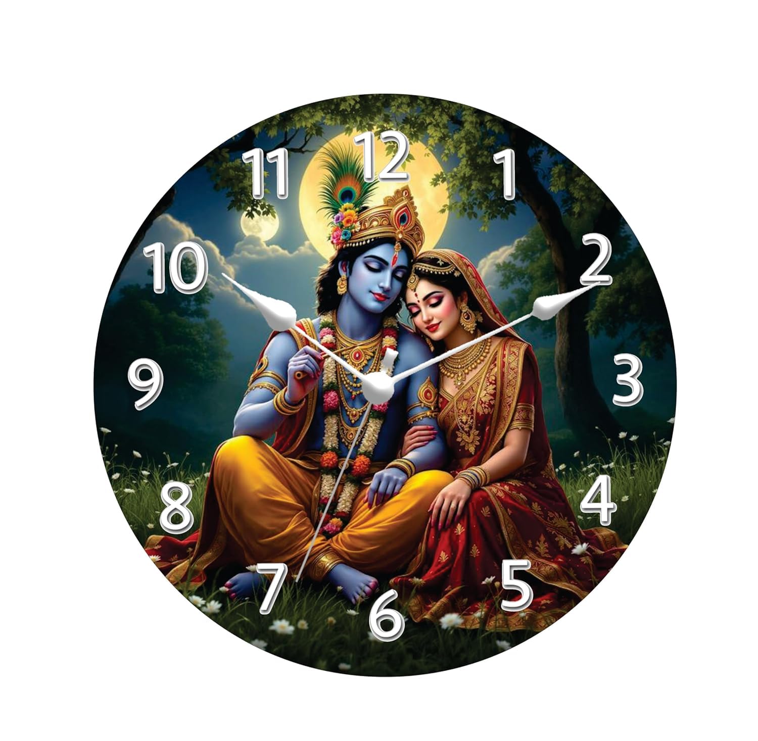 Kartik Radha Krishna Wall Clock HD Printed Round Wooden Wall Clock Without Non-Ticking Classic Clock Battery Operated Round Easy to Read for Room/Home/Kitchen/Bedroom/Office 28X28 cm (Radha Krishnaa)-image-0