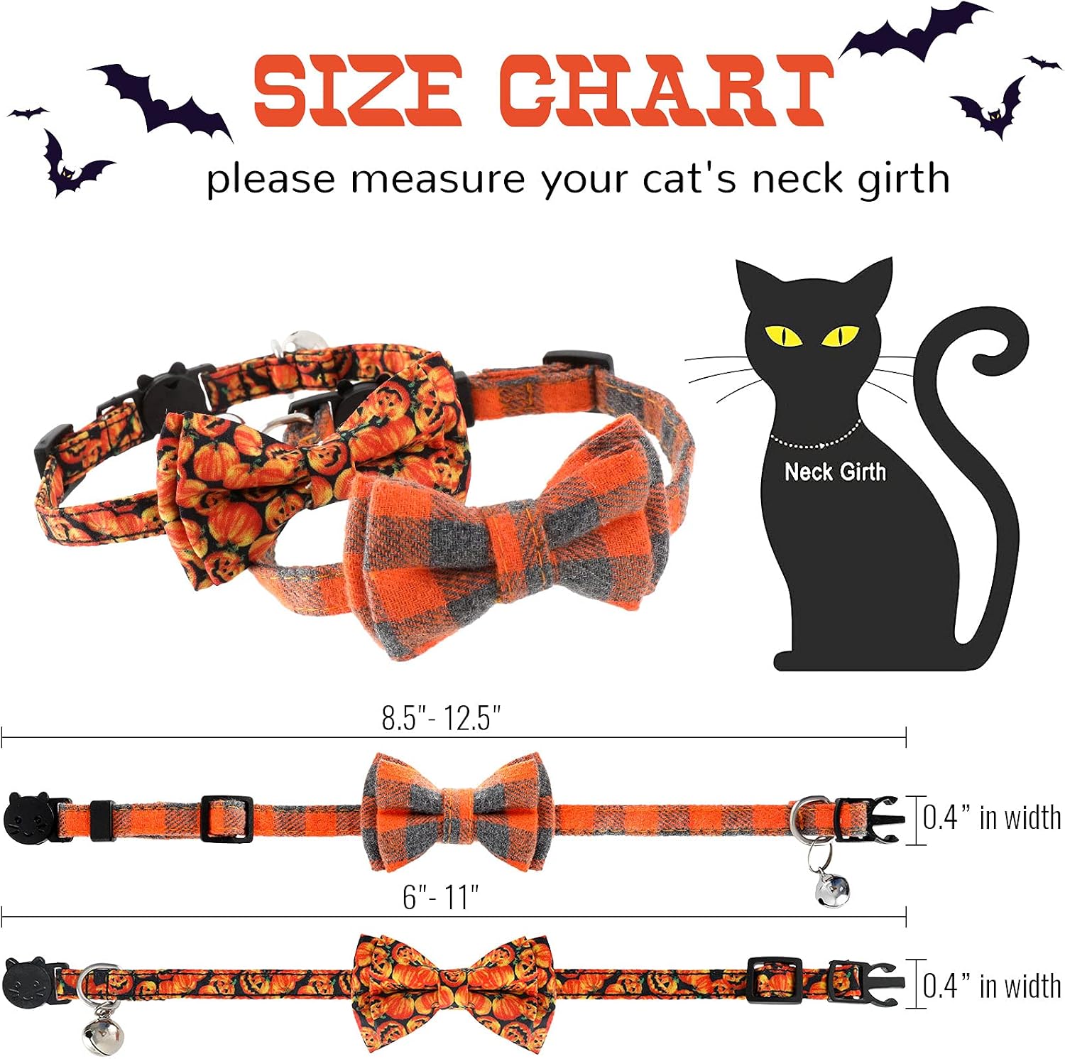 Whaline 2 Pack Fall Cat Collar Thanksgiving Halloween Pet Bowtie Collar with Orange Gray Buffalo Plaid Scary Pumpkin Pattern Bow Tie Collar Adjustable Cat Collar for Small Cats and Dogs