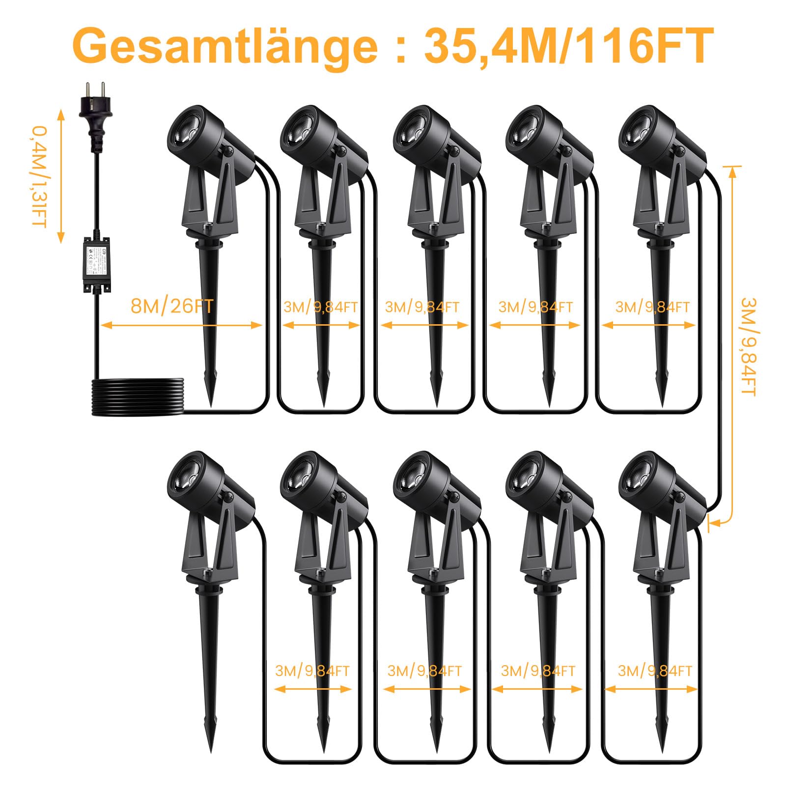 LED Gartenbeleuchtung 32M 105FT 10er Set 2000LM 2Wx10 Gartenstrahler 27V COB IP65 Wasserdichter Strahler Warmweiß