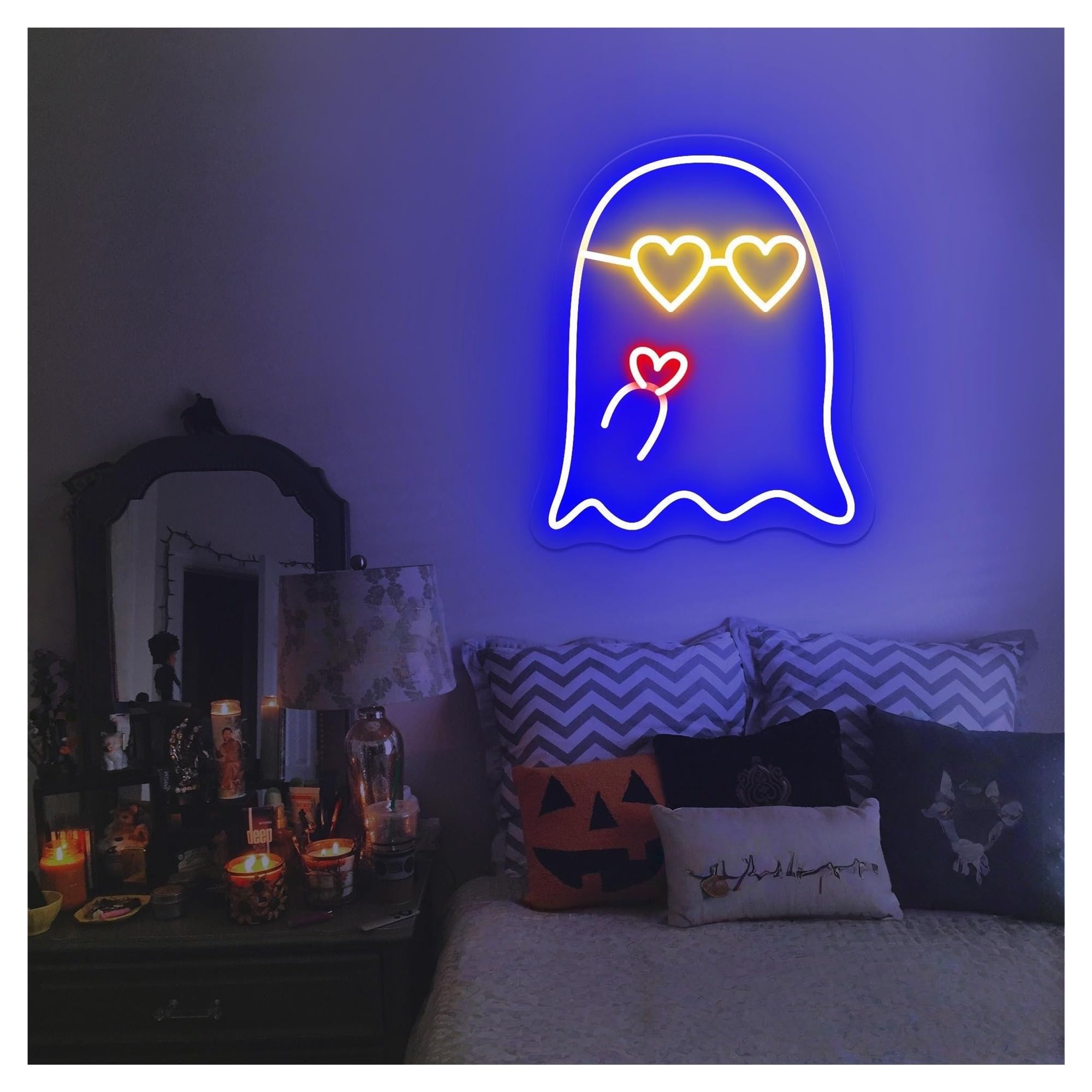 RONGCH Hanging Art Neon Signs Ghost with Heart Neon Sign, Suitable for Home Festival Party Decor Brightness Adjustable 30cmx38cm(C)