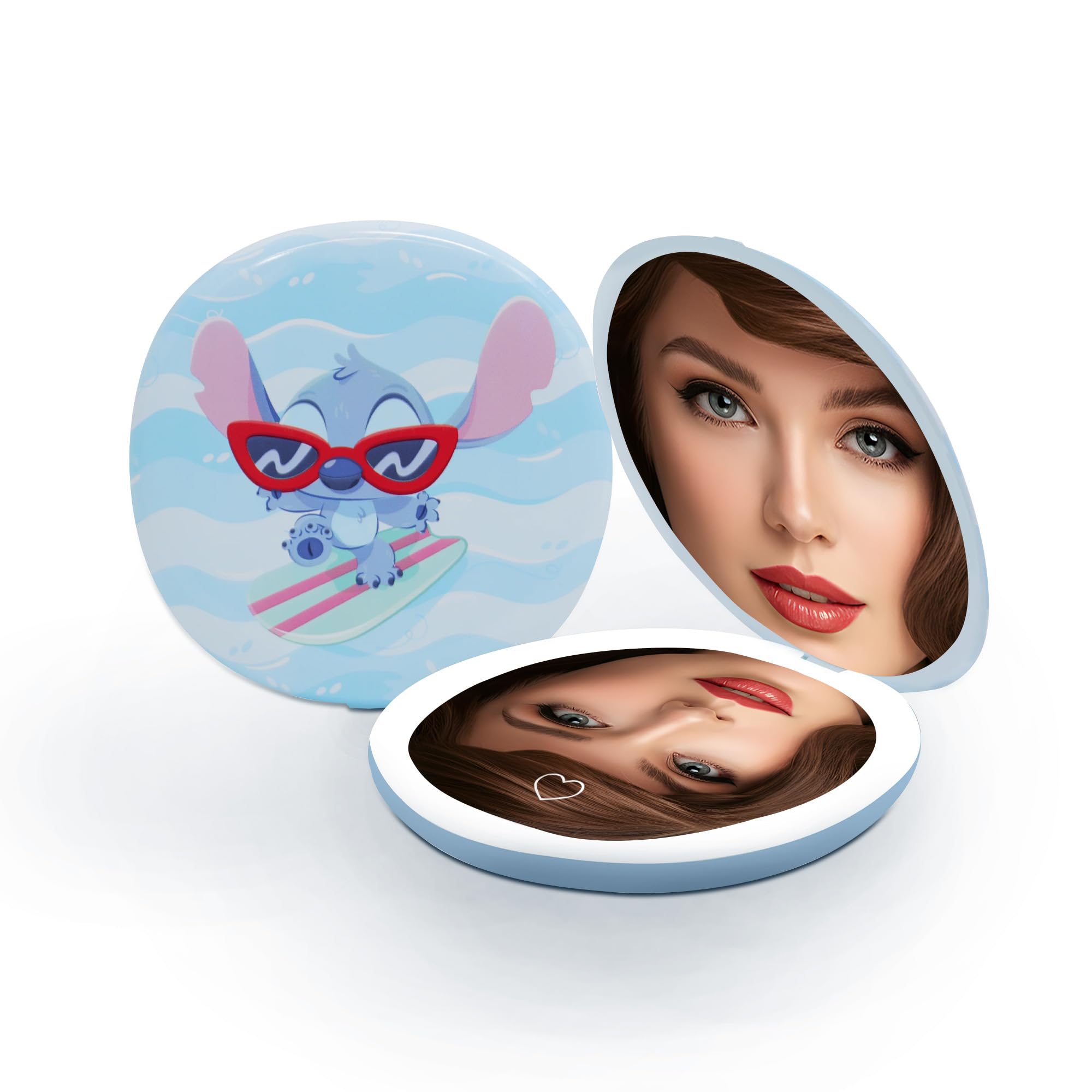 Impressions Vanity Stitch Surfs Up - Espejo compacto LED para mujer, espejo de maquillaje de viaje iluminado con aumento 3X, obra de arte de puntada impecable, brillo ajustable y sensor suave al tacto