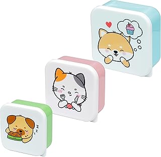 Puckator Adoramals Pets Set of 3 Lunch Box Snack Storage S/M/L - Lunchbox with Multi Compartments - Small Food Containers - Lunchbox for Adults and Kids - Girls Boys Lunchbox - Food Prep with Lids