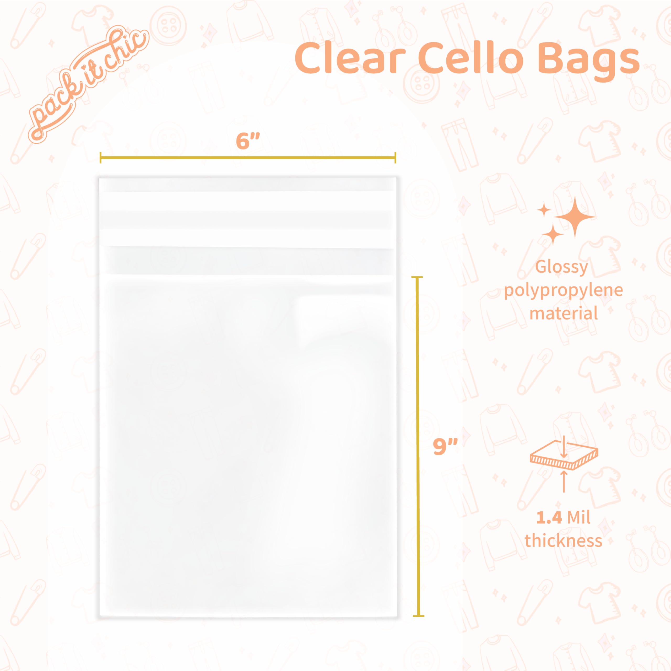 Pack It Chic Sacchetti in polietilene trasparenti richiudibili in cellofan - Adatto a stampe 6X9, foto, biglietti A7 A8 A9 e buste - Autosigillanti (6" X 9", 1000 pezzi)