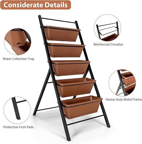 Miniatura 5 de Giantex Maceta vertical elevada, camas de jardín elevadas con orificio de drenaje de agua, cajas independientes de 5 contenedores para cultivo de