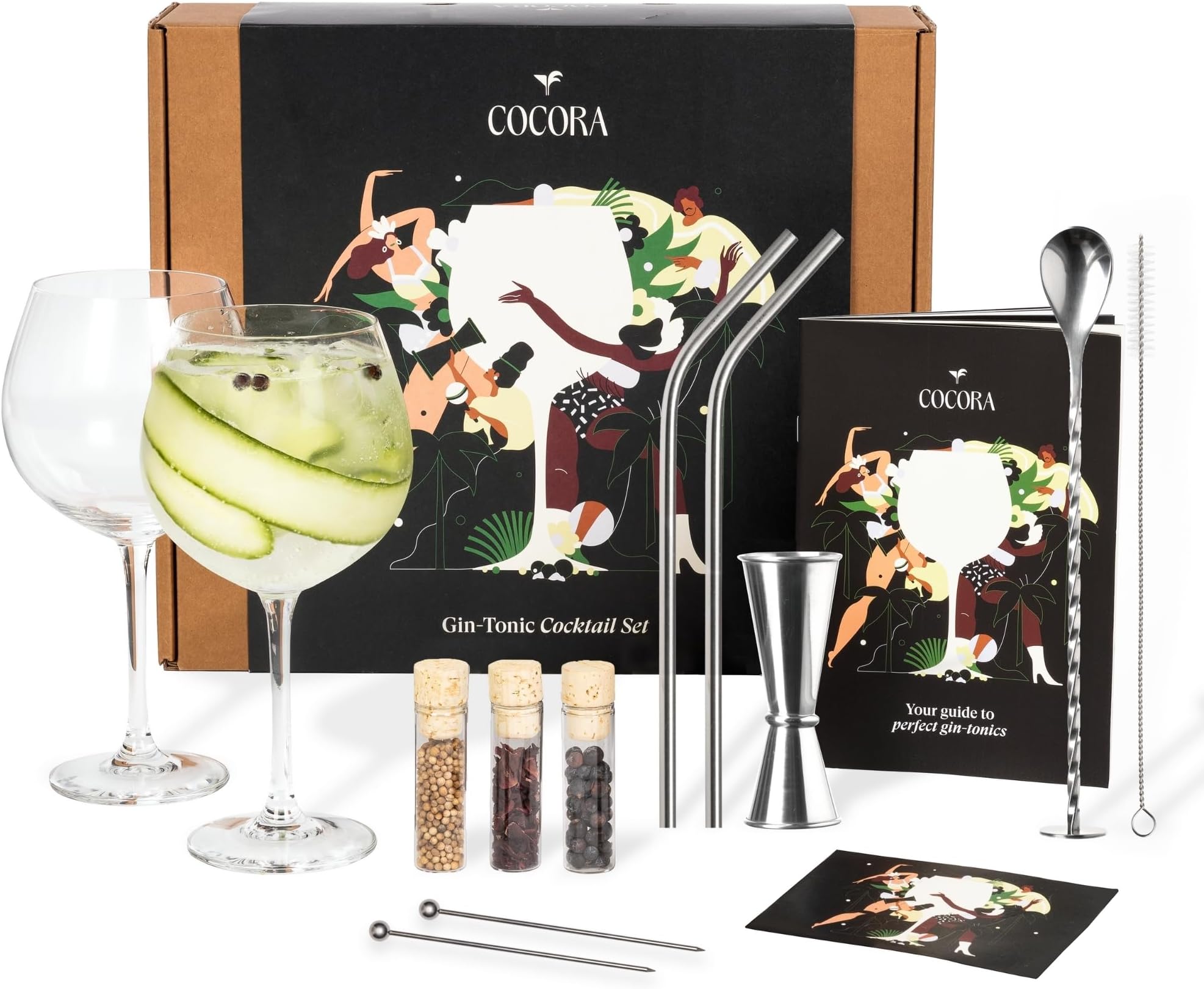 Cocora Gin Tonic Cocktail Gift Set | 12-piece | Cocktail Kit | Mixers | Glass | Book | Garnish | Accessories | Stainless Steel | Gift Set (Silver)