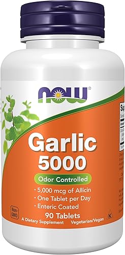 NOW Suplementos, Ajo 5,000 (Allium sativum), Recubrimiento entérico, Control de Olor, 90 Tabletas