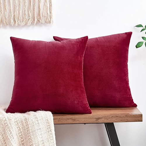 Juego de 2 fundas de almohada decorativas de terciopelo rojo de 20 x 20 pulgadas, fundas de almohada suaves de Navidad magenta para sofá, cama, sala