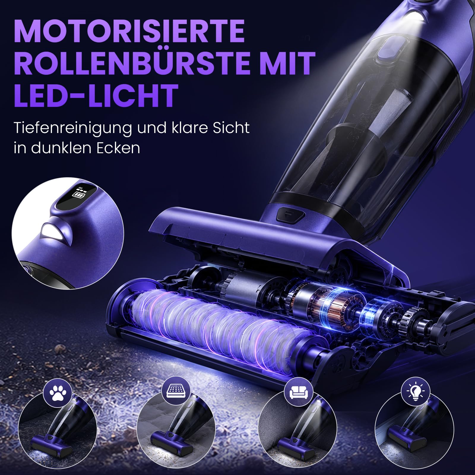 Tierhaar Handstaubsauger Akku 28000Pa mit Rotierende Bürstenrolle&LED Licht | Stark Autostaubsauger Kabellos mit 10400mAh, 720ml, 2 Saugstufen, HEPA+Metallfilter für Haustiere, Sofa, Teppich, Büro