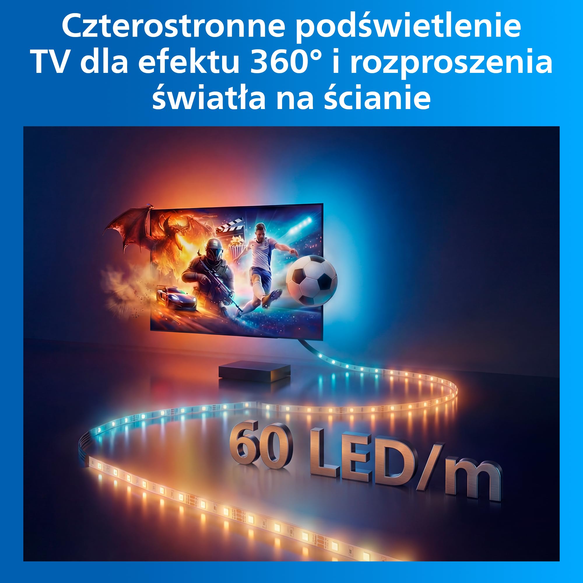 Philips Smart Lighting HDMI 2.1 Sync Box 8K z Podświetleniem TV 55"–65", Taśma LED RGBIC, Ultra Szybkie Odświeżanie, Personalizowane Oświetlenie, Łatwy Montaż, TV, Filmy, Gaming