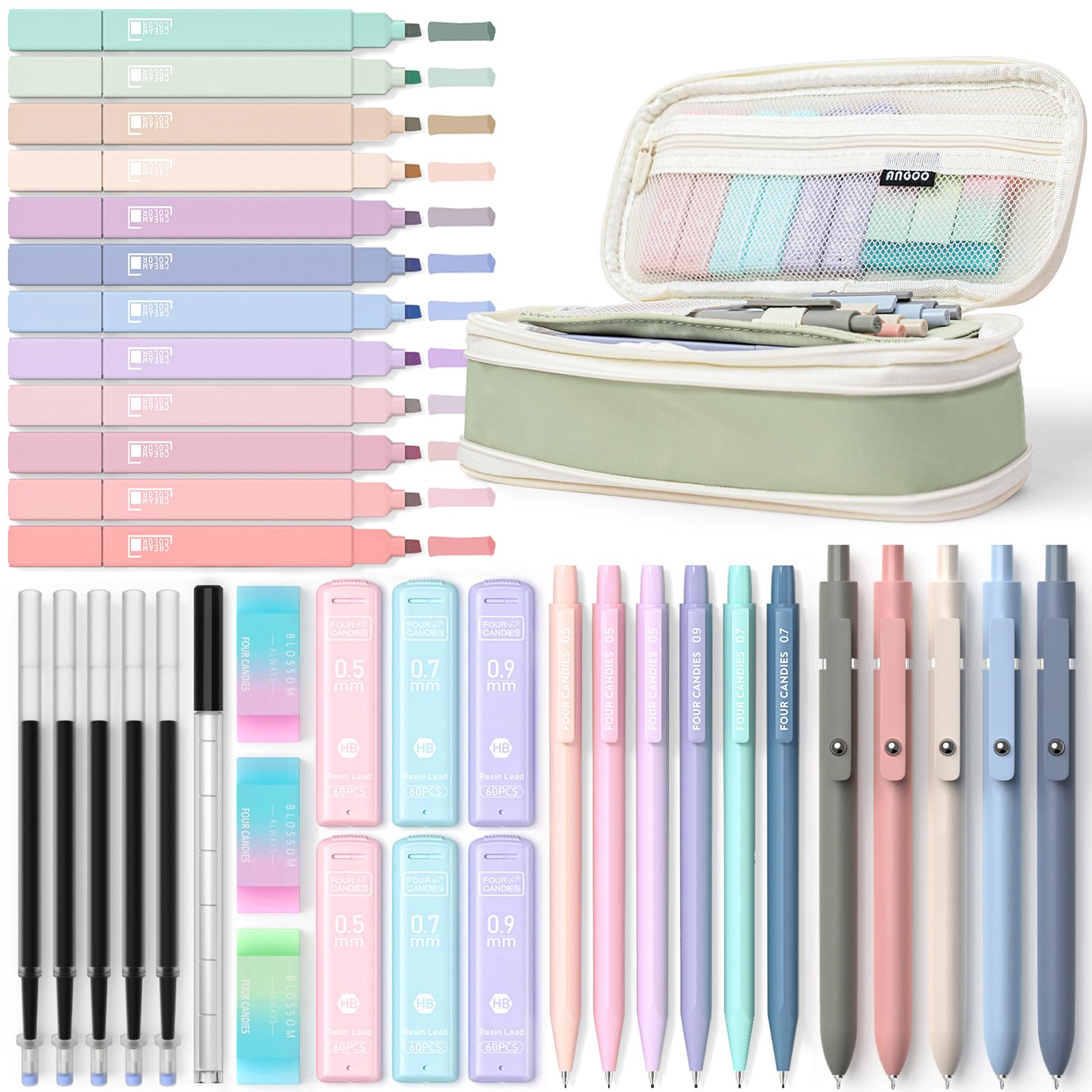 Four Candies 39 PCS Aesthetic School Supplies with Cute Pen Case, 12 Pastel Highlighters, 5 Black Ink Gel Pens, 6 Mechanical Pencils Set for Students Stationary College Essentials (Green)
