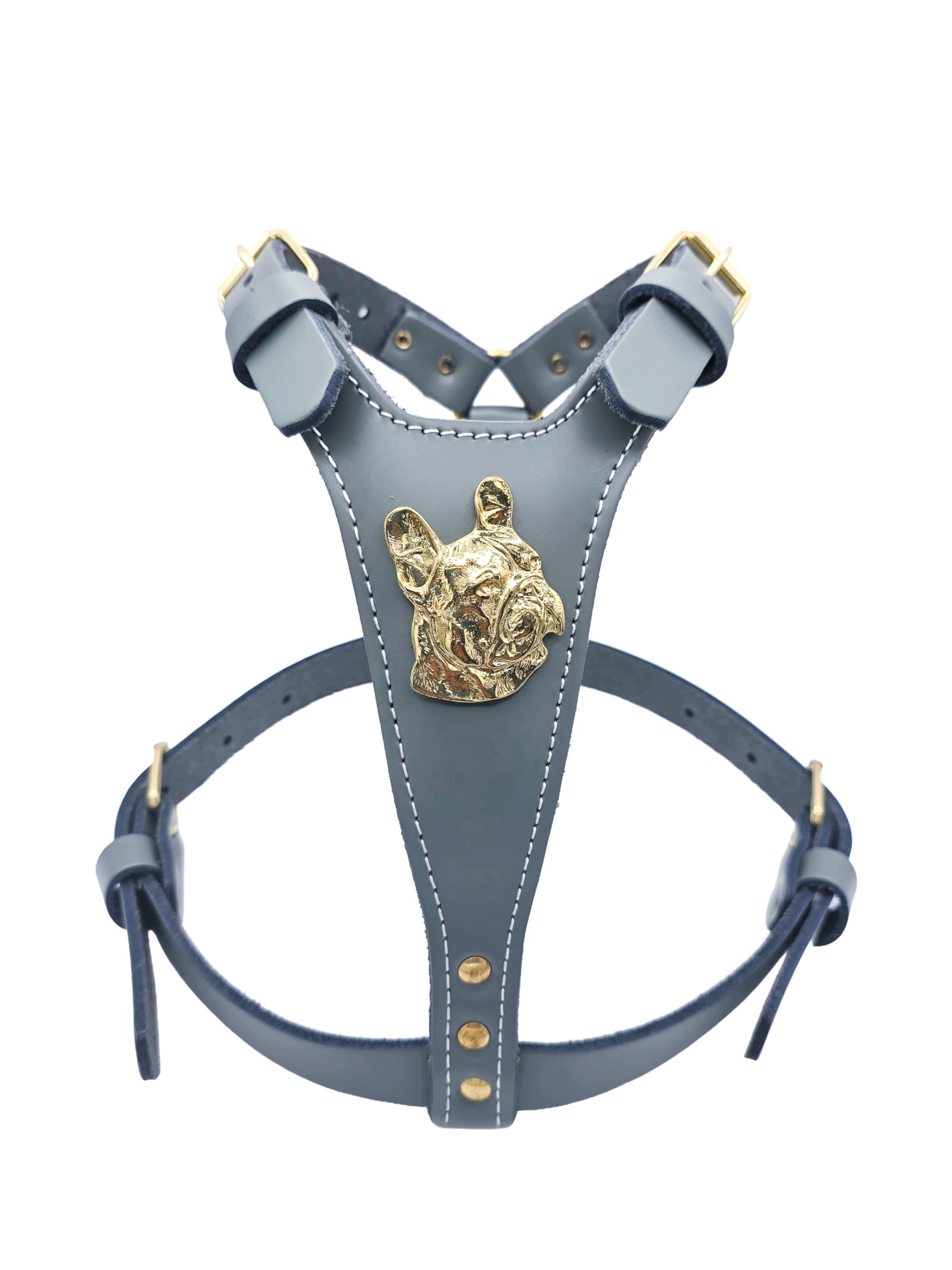MD Gear Premium Leather Dog Harness with Gold French Bulldog Emblem Fits any Frenchie from 5kg up to 15kg (Grey)