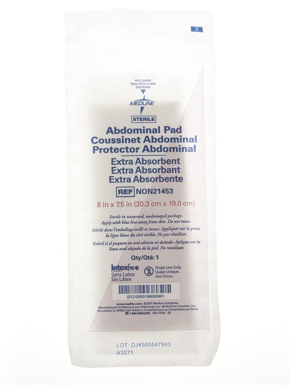 Medline Sterile Abdominal Pads, 8" x 7.5", Cellulose Center for Quick Absorption, Pack of 240
