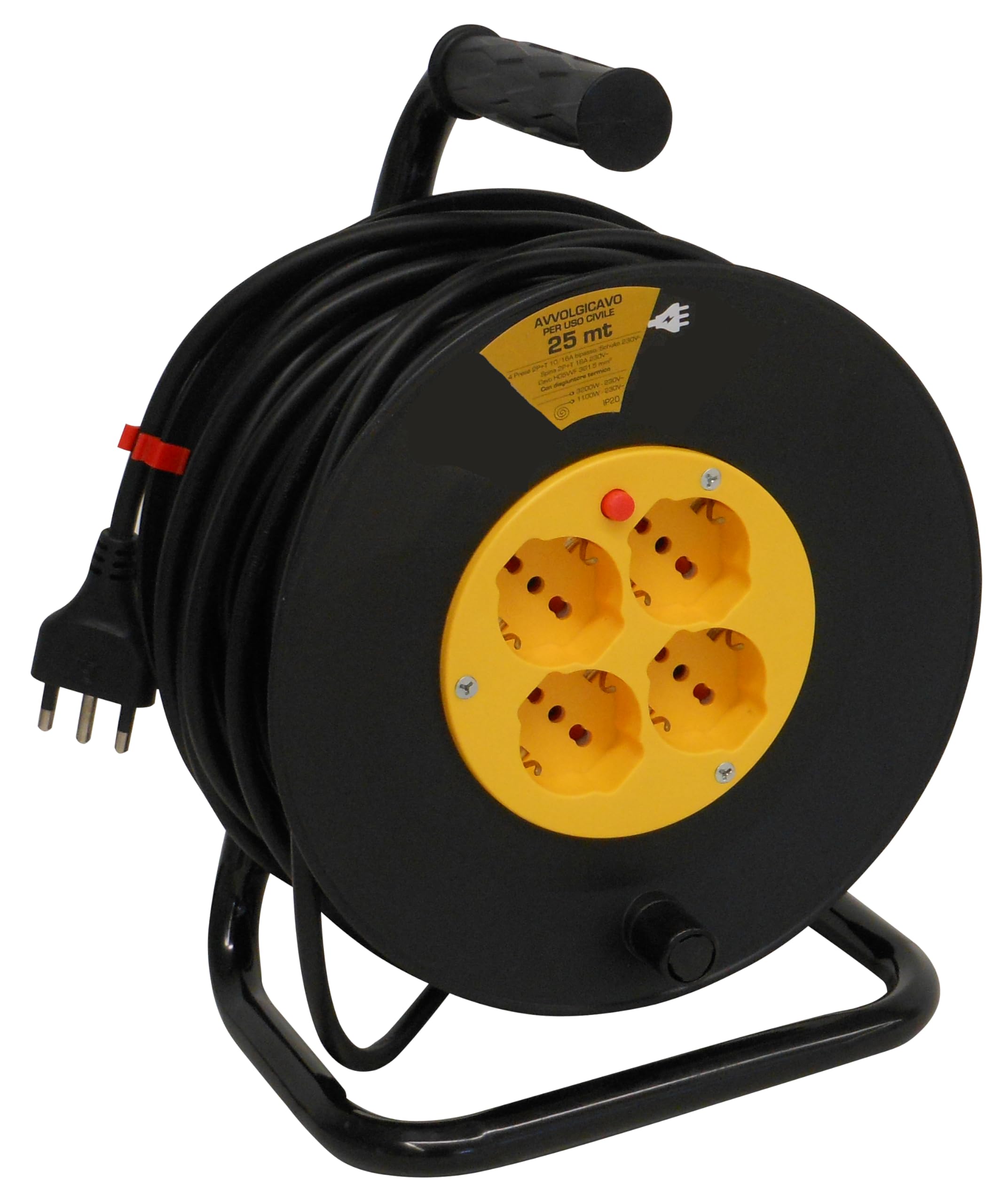 eacommerce - Avvolgicavo Elettrico 25 metri | Spina 2P+T 16A, Nero | 4 Prese Bipasso 10/16A Schuko | Maniglia Ergonomica con Disgiuntore Termico, 25 Metri