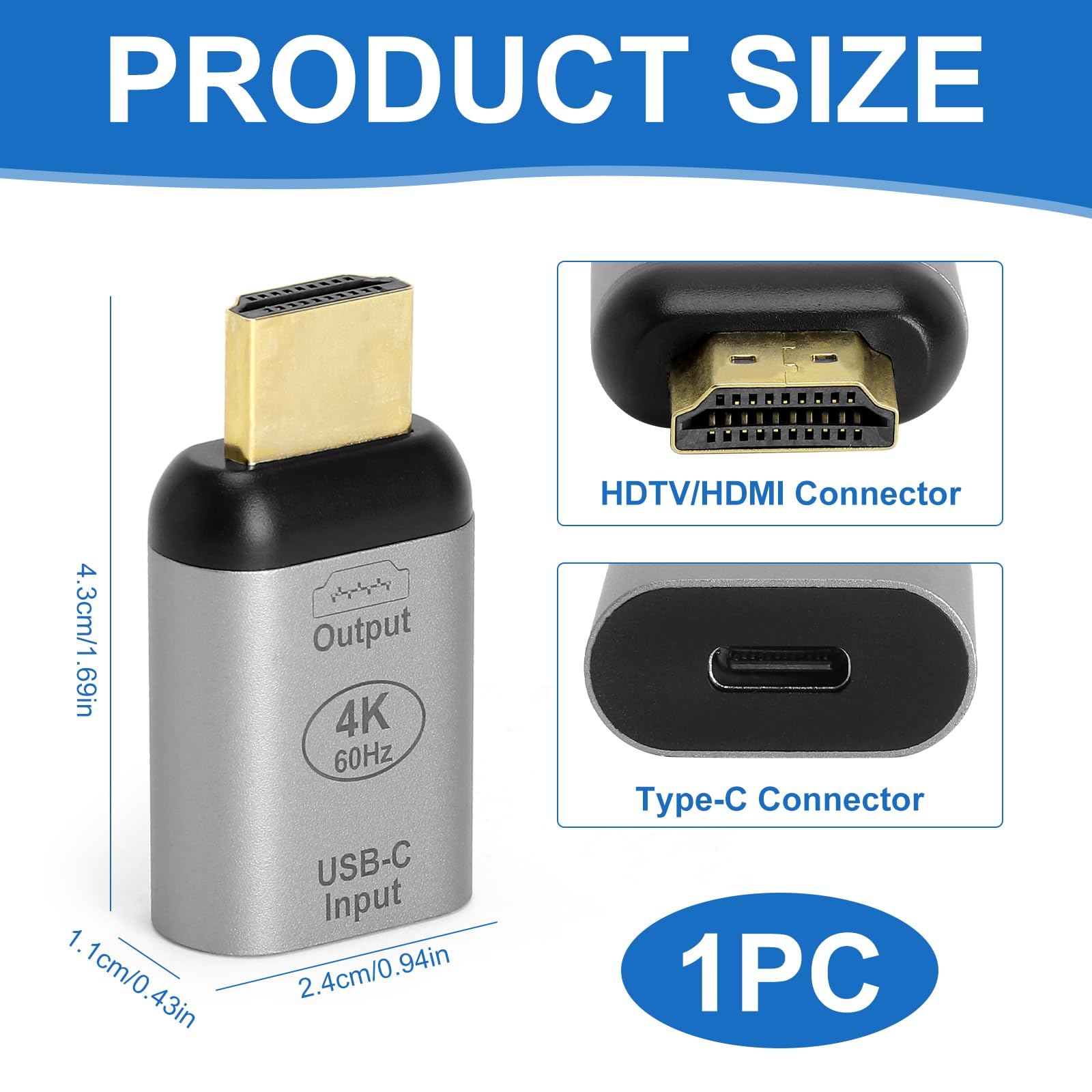 Przejściówka z USB C na HDMI, 4K 60Hz, typ C żeński na HDMI męski, kompatybilna z MacBook, iPad Pro, Samsung Galaxy, Steam Deck, laptop, smartfon, monitor, TV, projektor
