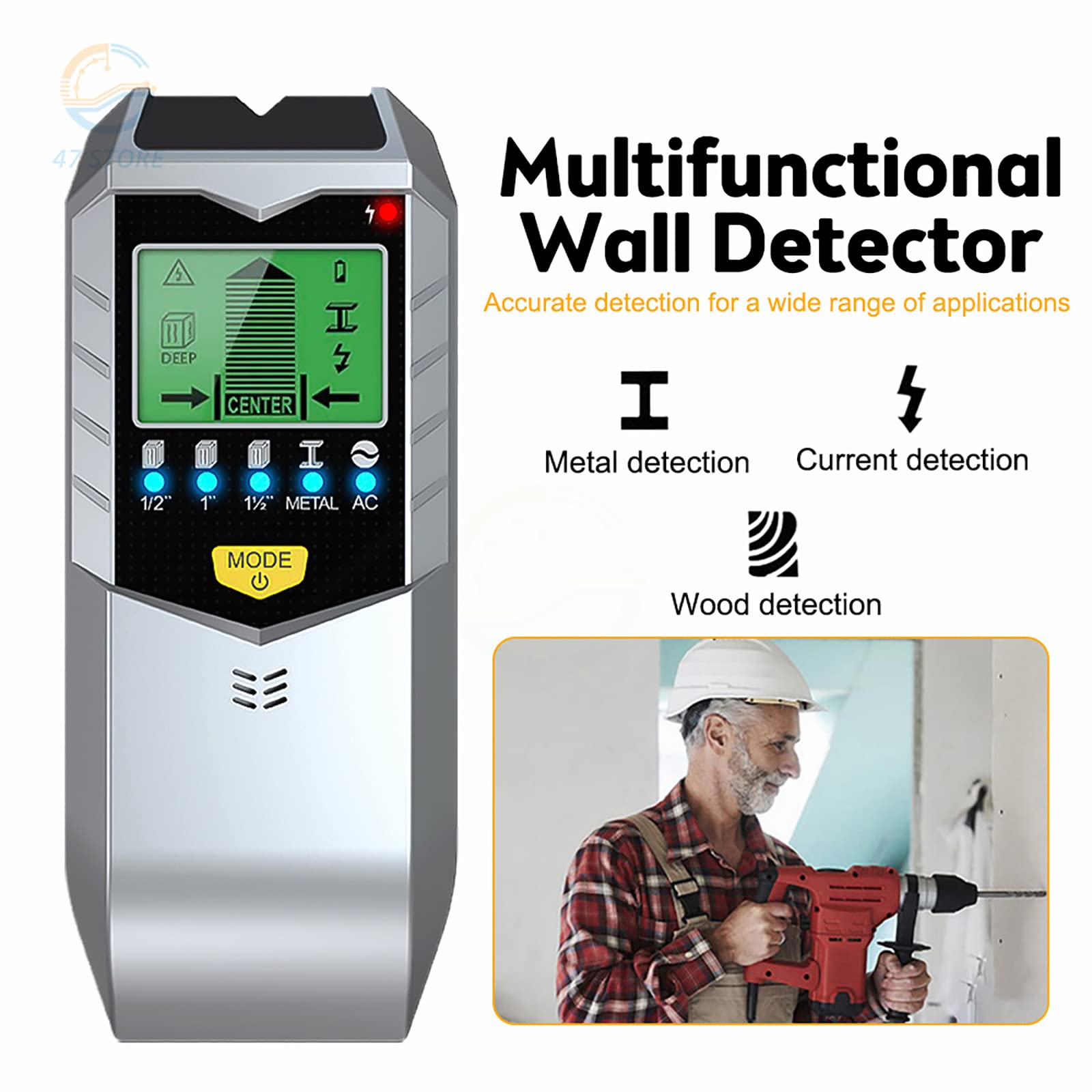 Escáner De Pared, Detector De Metales Portátil 5 En 1 con Pantalla LED LCD Verde Retroiluminada para Detección Central De Bordes Vigas De Madera/Metal/Cables Activos De CA En Paredes