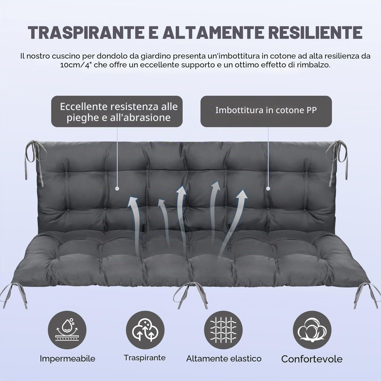 Goutime Cuscino per Panca da Giardino e Sedia a Dondolo 2 Posti, 150x100 cm – Extra Spesso e Morbido, Antiscivolo e Impermeabile, Sedile con Legatura, Schienale Reclinabile (Grigio)