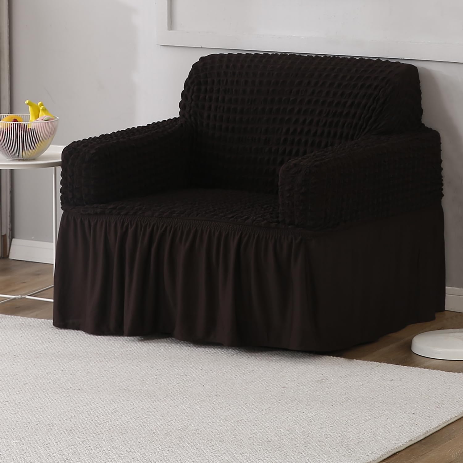 HOKIPO Elastic 280 GSM Stretchable Single Seater Bubble Sofa Frill Cover, Dark Chocolate (AR-4602-B9)