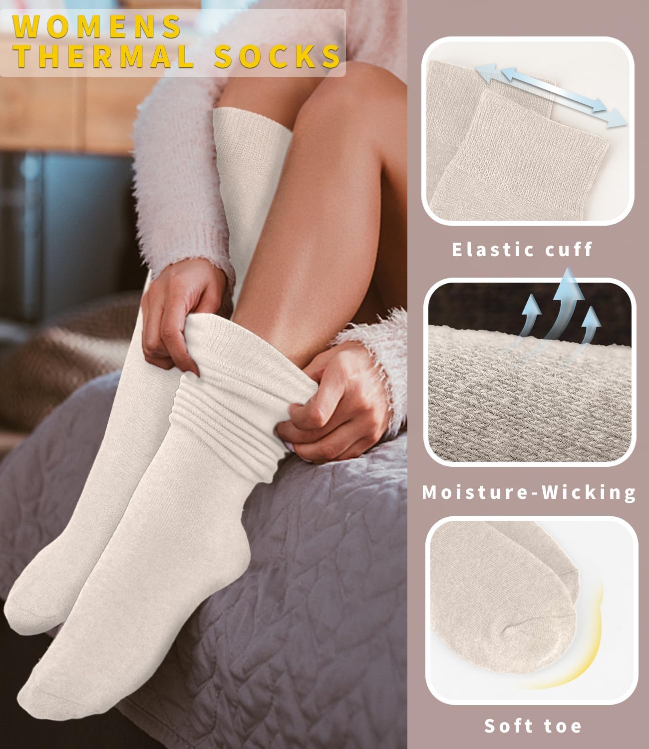 Aoliks Warm Knee High Socks for Women,Cotton Thermal Socks for Hiking Skiing Winter Gifts - Image 4