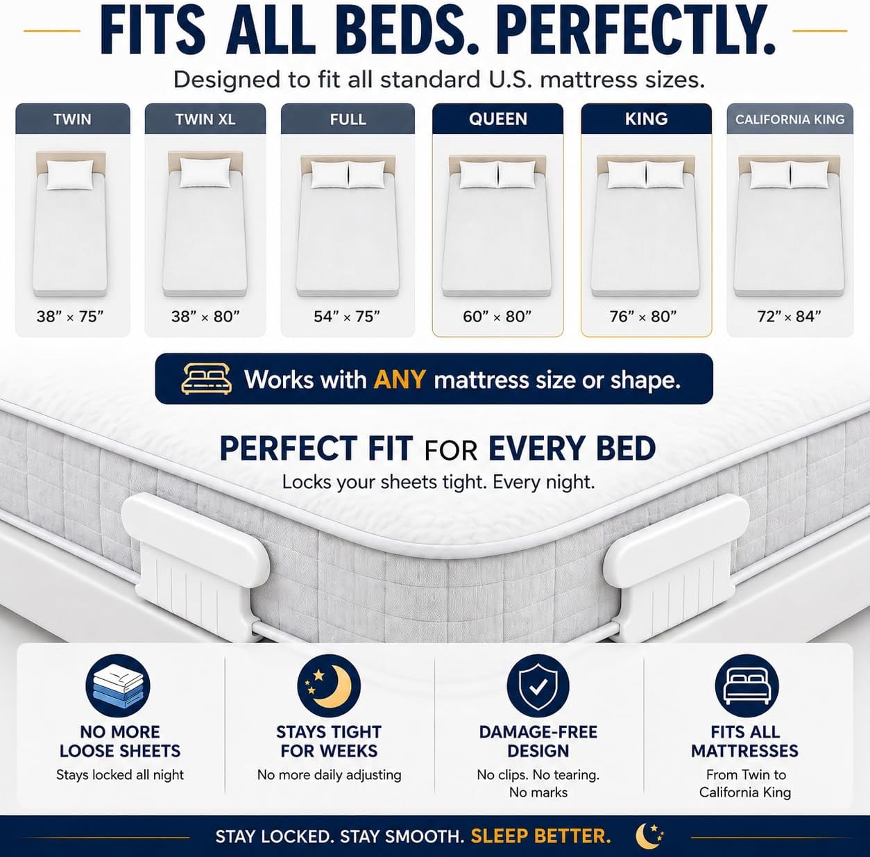 Bed Sheet Holders for Corners — 4-Pack Lock Fitted Sheet Holder Set with Sheet Straps & Easy Tucker Tool — Universal Bed Sheet Clips for All Mattress Sizes, Non-Slip ABS, White