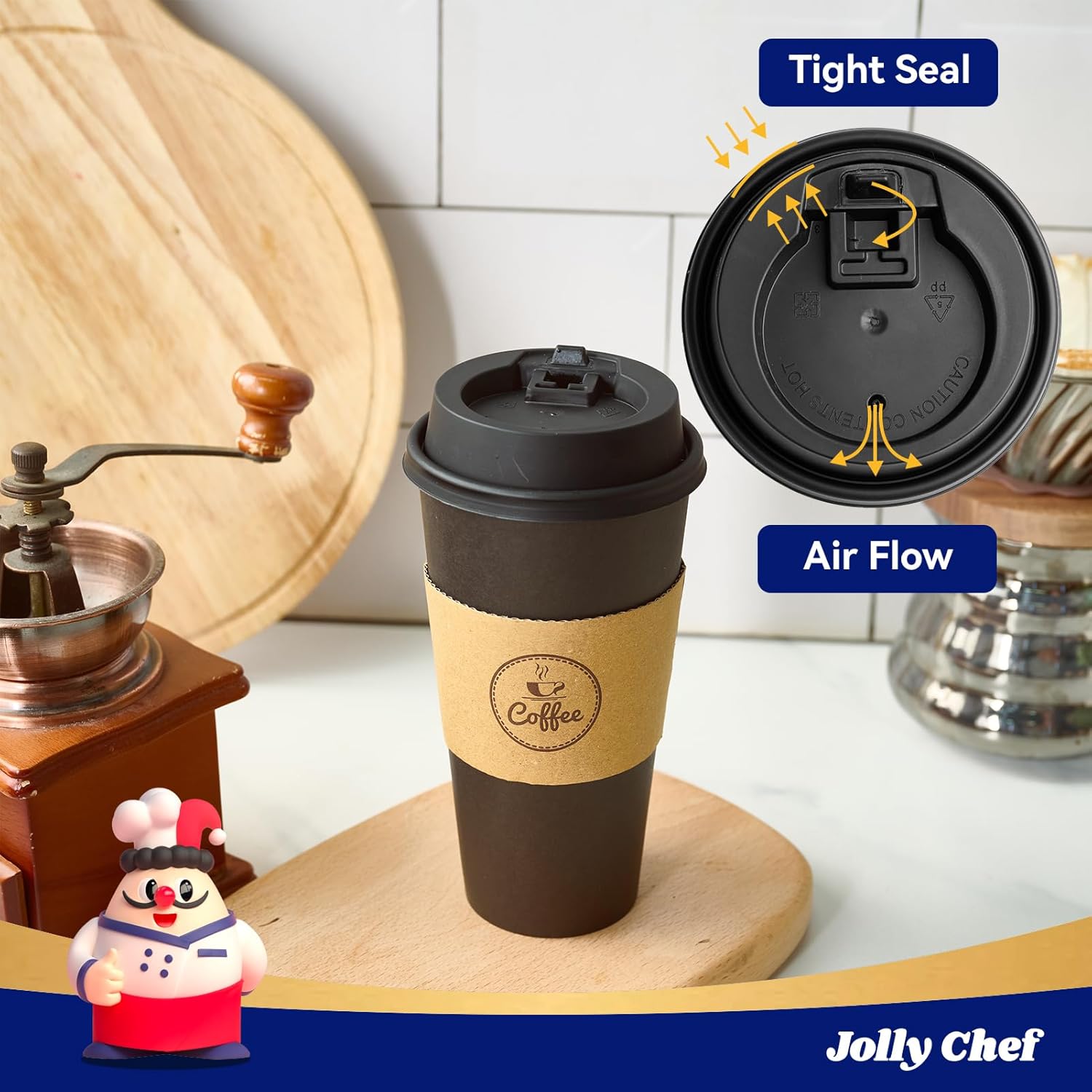 JOLLY CHEF 100 Count 20 oz Black Paper Coffee Cups with Lids, Sleeves and Stirrers for Home, Office, Kitchen, Cafes, Disposable Hot Paper Cups for all Kinds of Beverages - Image 5