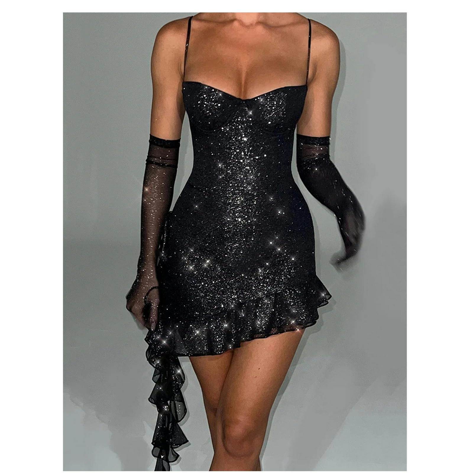 Abito Donna Invernale Elegante Abito Mini Arruffato Senza Spalline per Donne Abiti da Festa Scintilla Senza Schienale